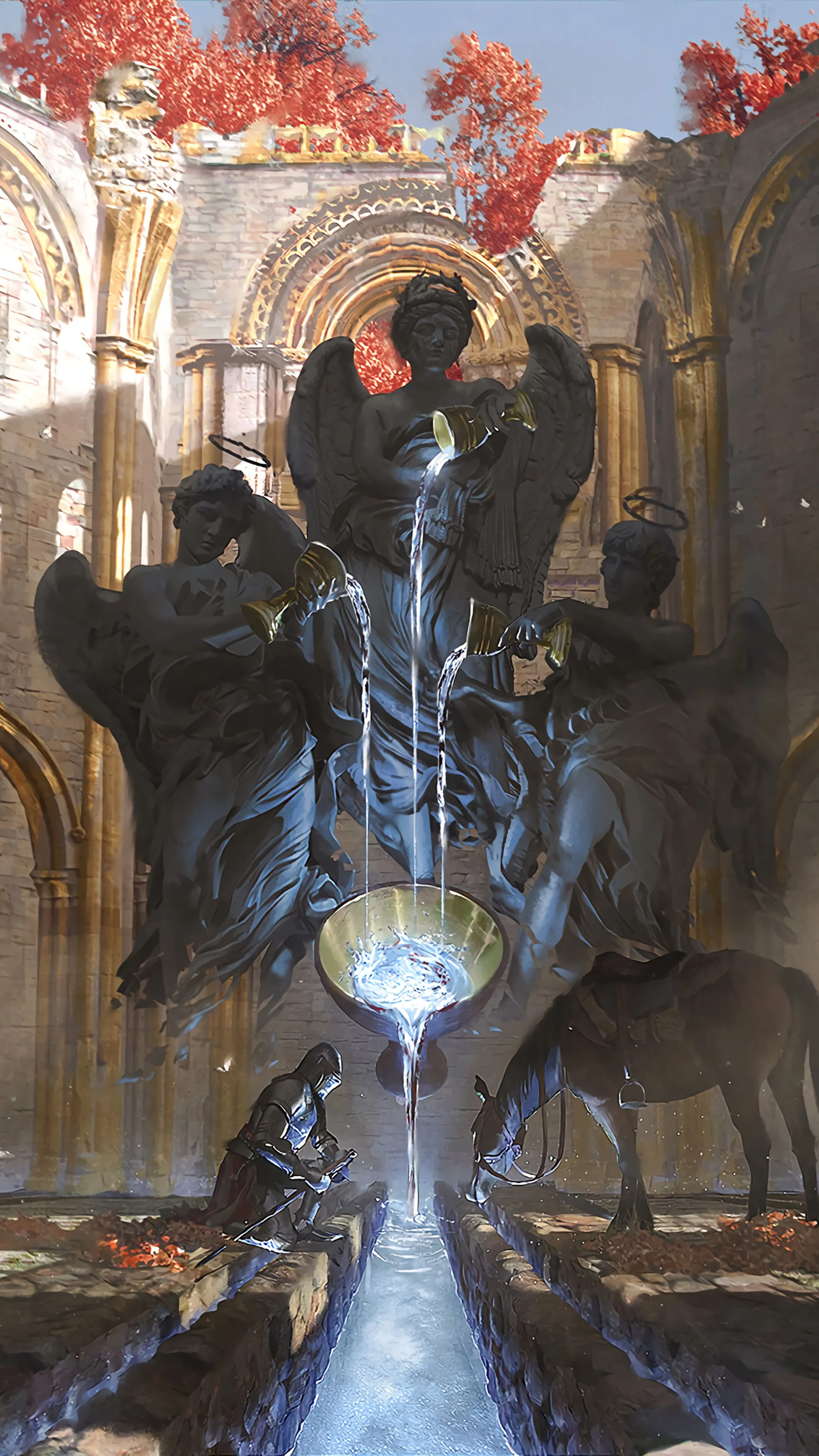 Fantasy Knight And Horse In Ruined Cathedral With Angel Fountain HD Phone Wallpaper