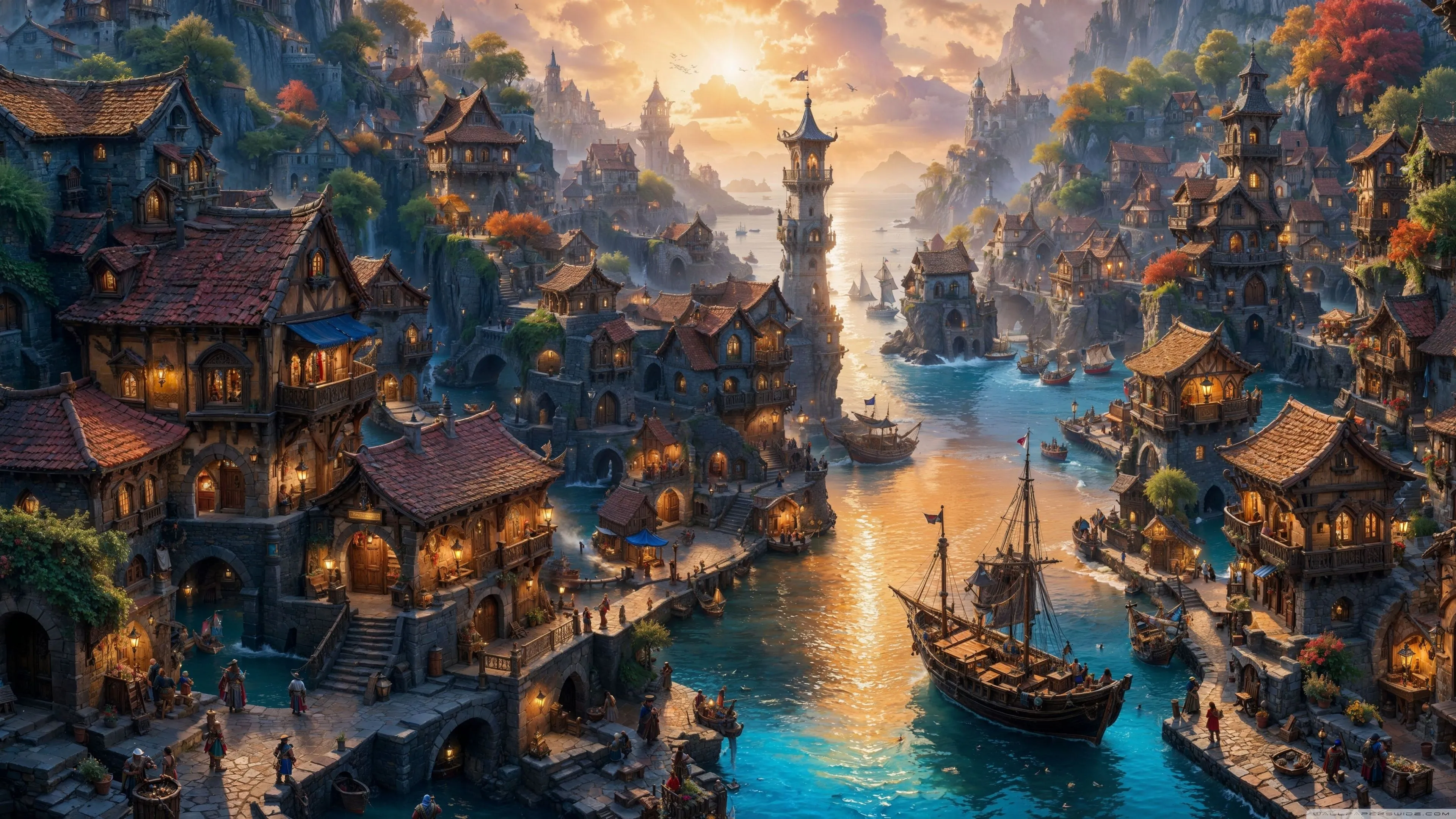 Medieval Town Life Artwork 4K UHD Wallpaper for UltraHD Desktop and TV, Widescreen and UltraWide Display, Dual Monitor