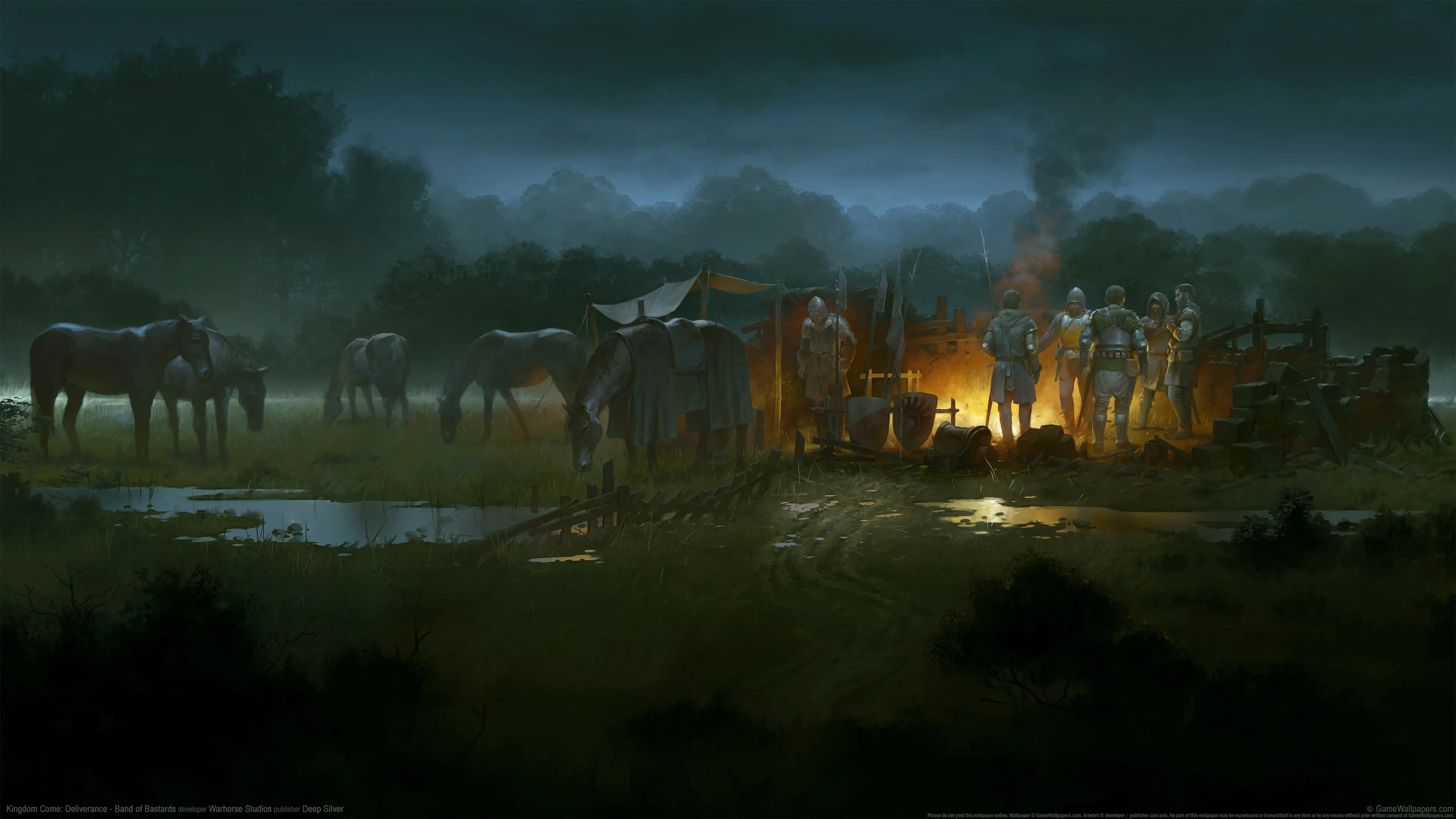 4K, Men Outdoors, Horse, Medieval, Outdoors, Fantasy Art, Campfire, HD Wallpaper