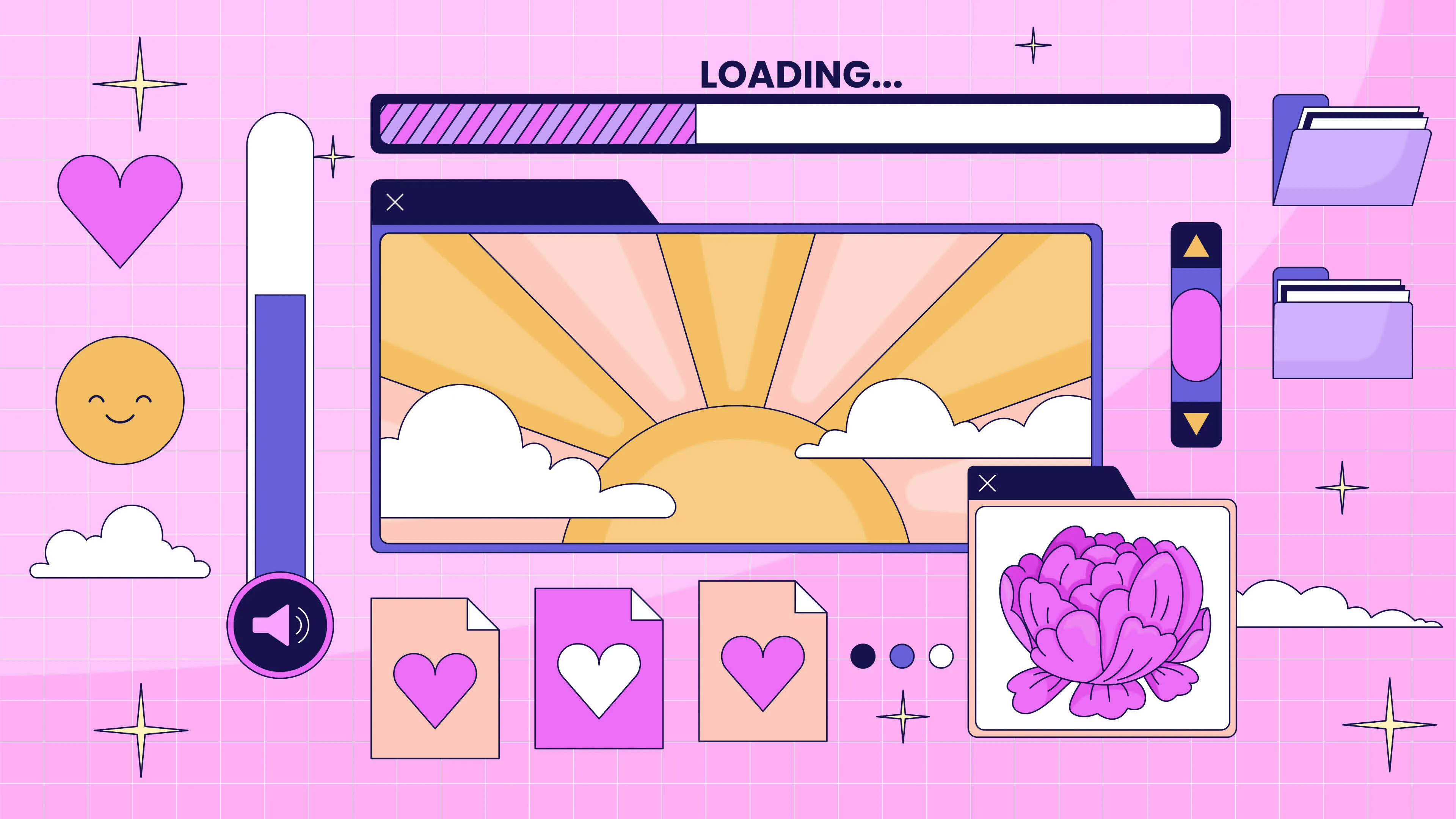 Pc retro y2k desktop lo fi animated cartoon background. Nostalgic computer interface 90s retro lofi aesthetic live wallpaper animation. Sunrise, peony, hearts color chill scene 4K video motion graphic