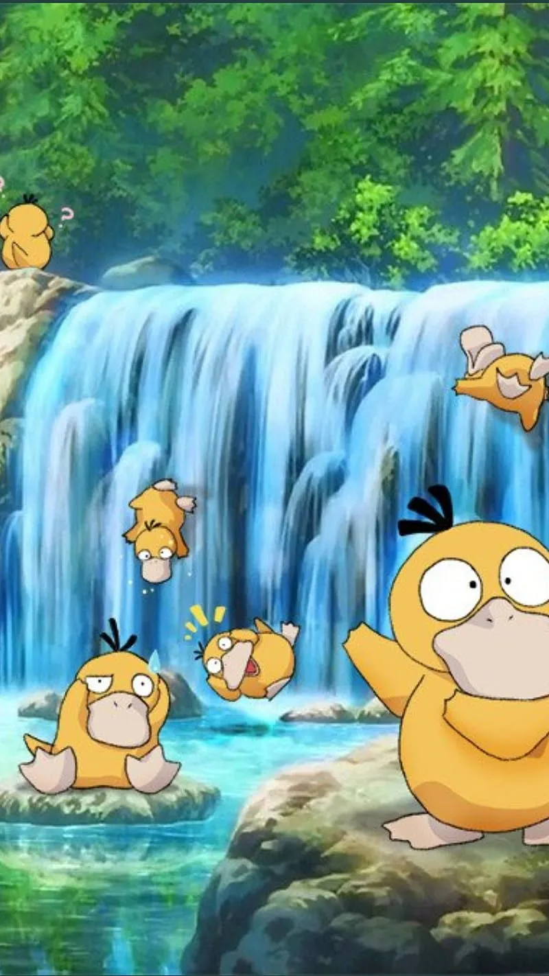 Pokemon syduck, sea, anime, duck, cascade, waterfalls, cartoon, japan, HD phone wallpaper