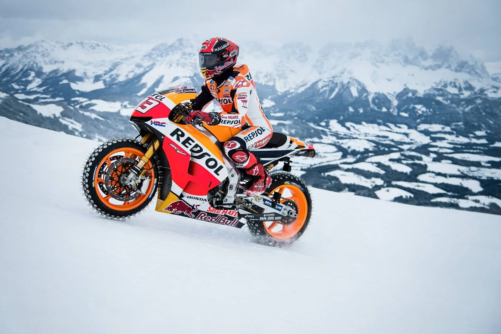HD photo gallery of Marc Marquez and his Honda RC213V on the snow