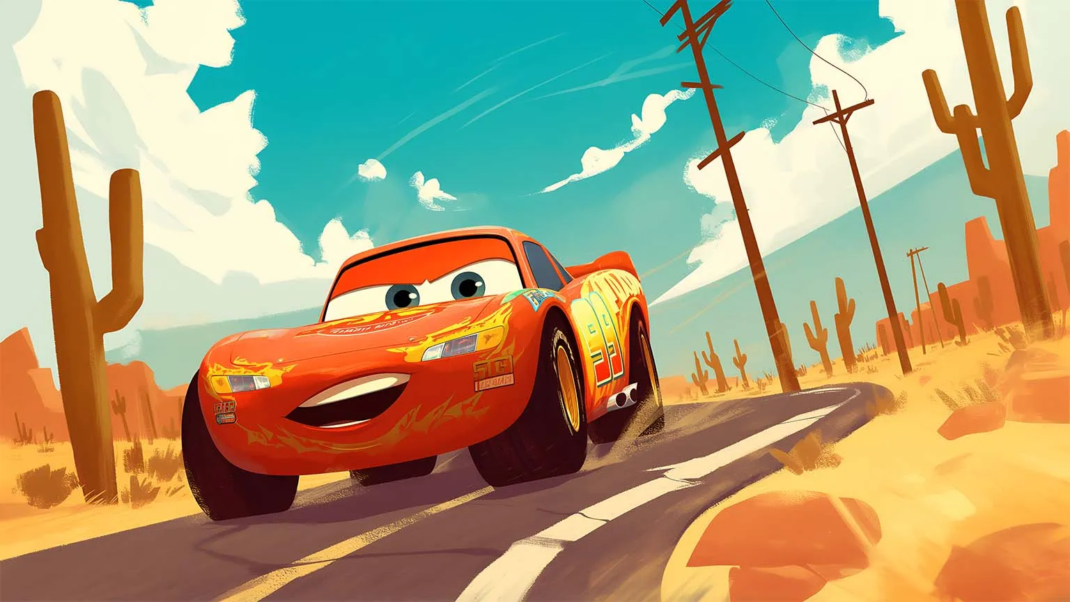 Lightning McQueen Desert Highway Cars Movie Desktop Wallpaper