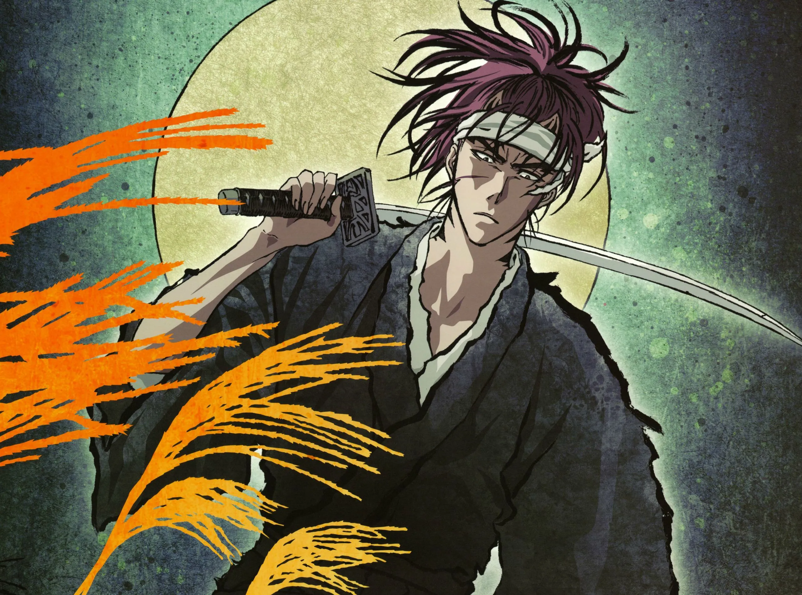 Wallpaper the moon, katana, headband, kimono, Bleach, Bleach, Shinigami, abarai renji for mobile and desktop, section сёнэн, resolution 2560x1900