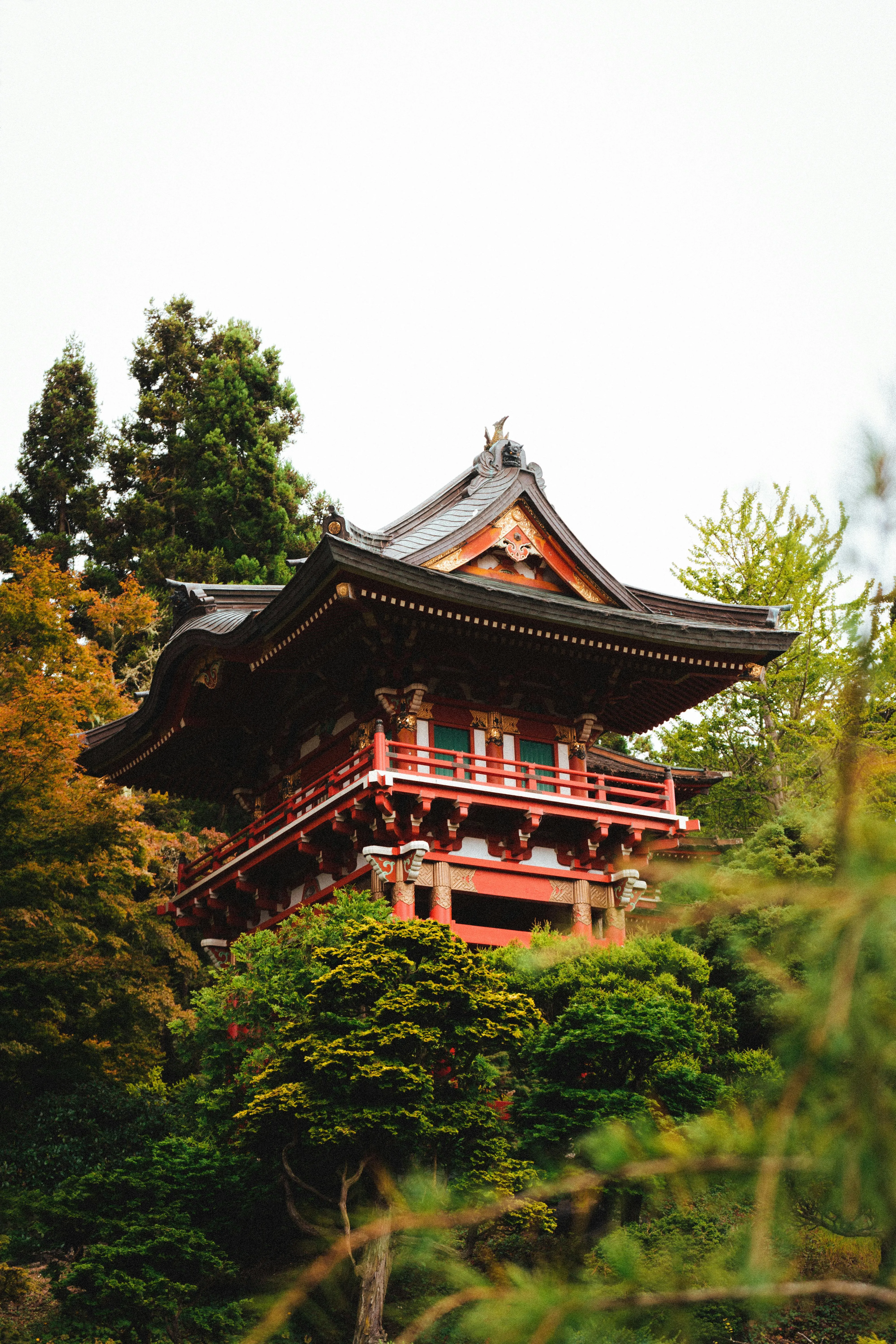Asian temple facade among lush green trees in garden · Free