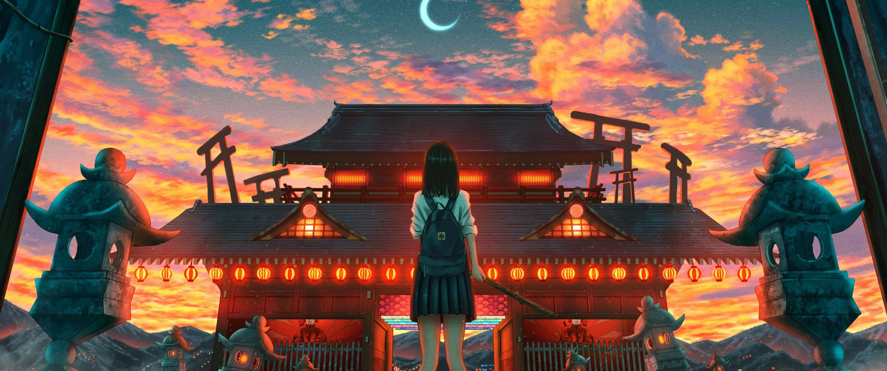 Ancient architecture Wallpaper 4K, Japanese girl, Crescent Moon