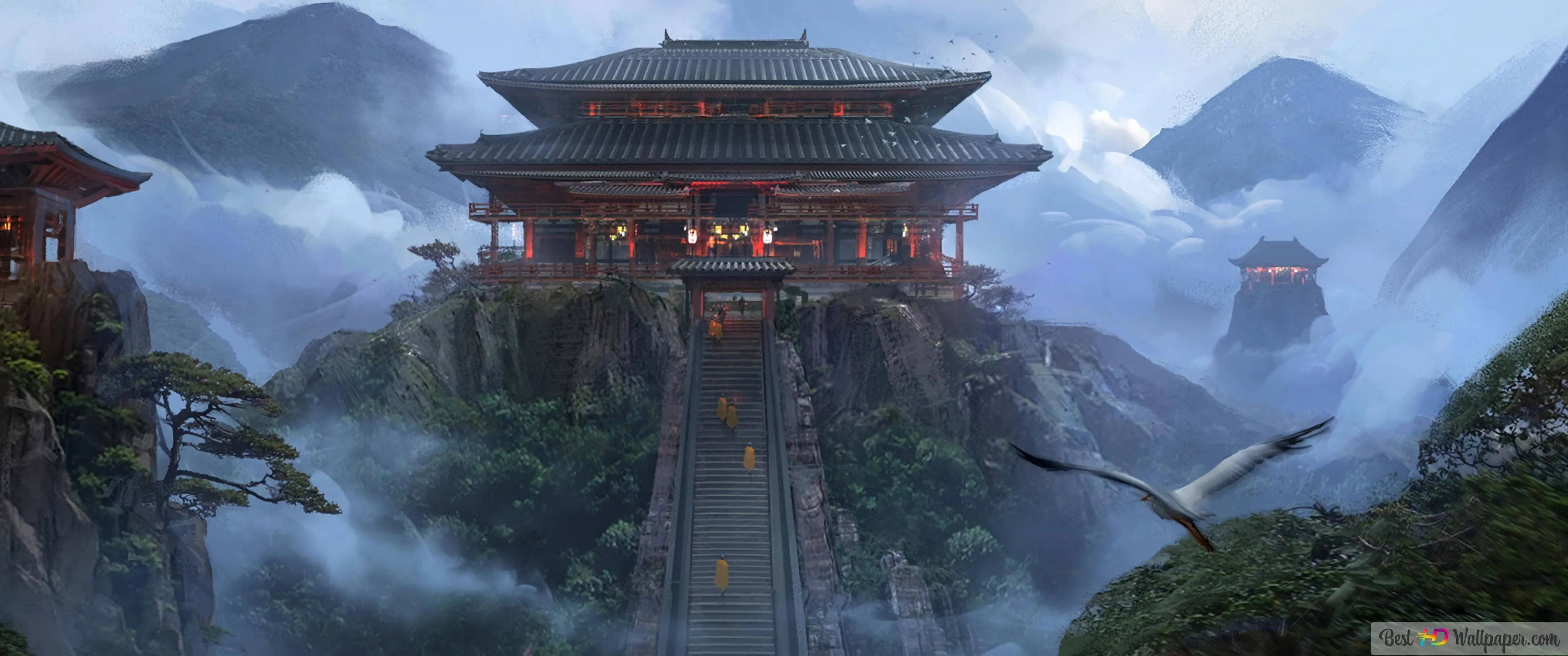 Japanese Temple Mountains 4K wallpaper download