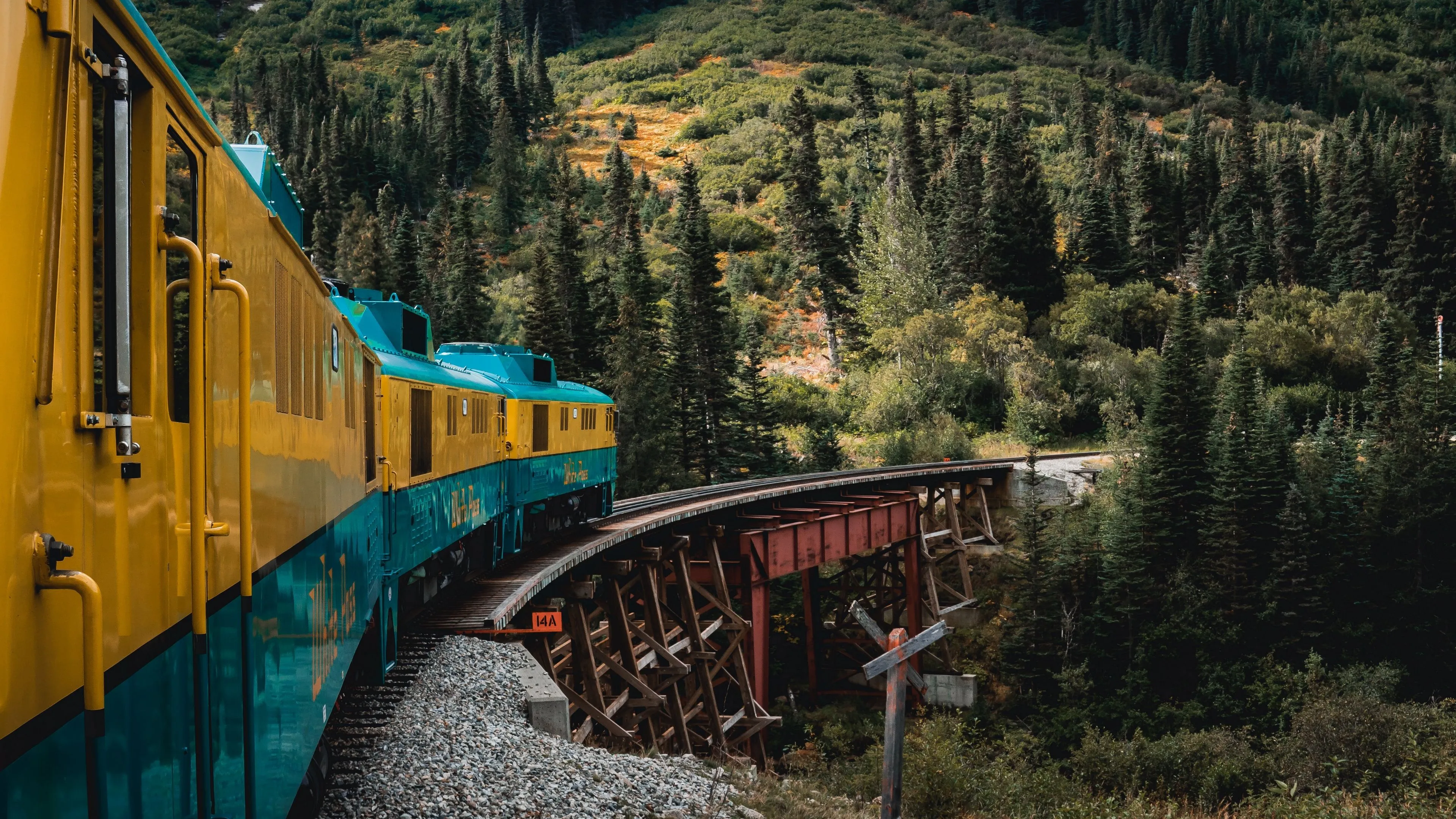 Wallpaper Alaska, forest, trees, nature, yellow, bridge, blue, mountains for mobile and desktop, section пейзажи, resolution 3840x2160