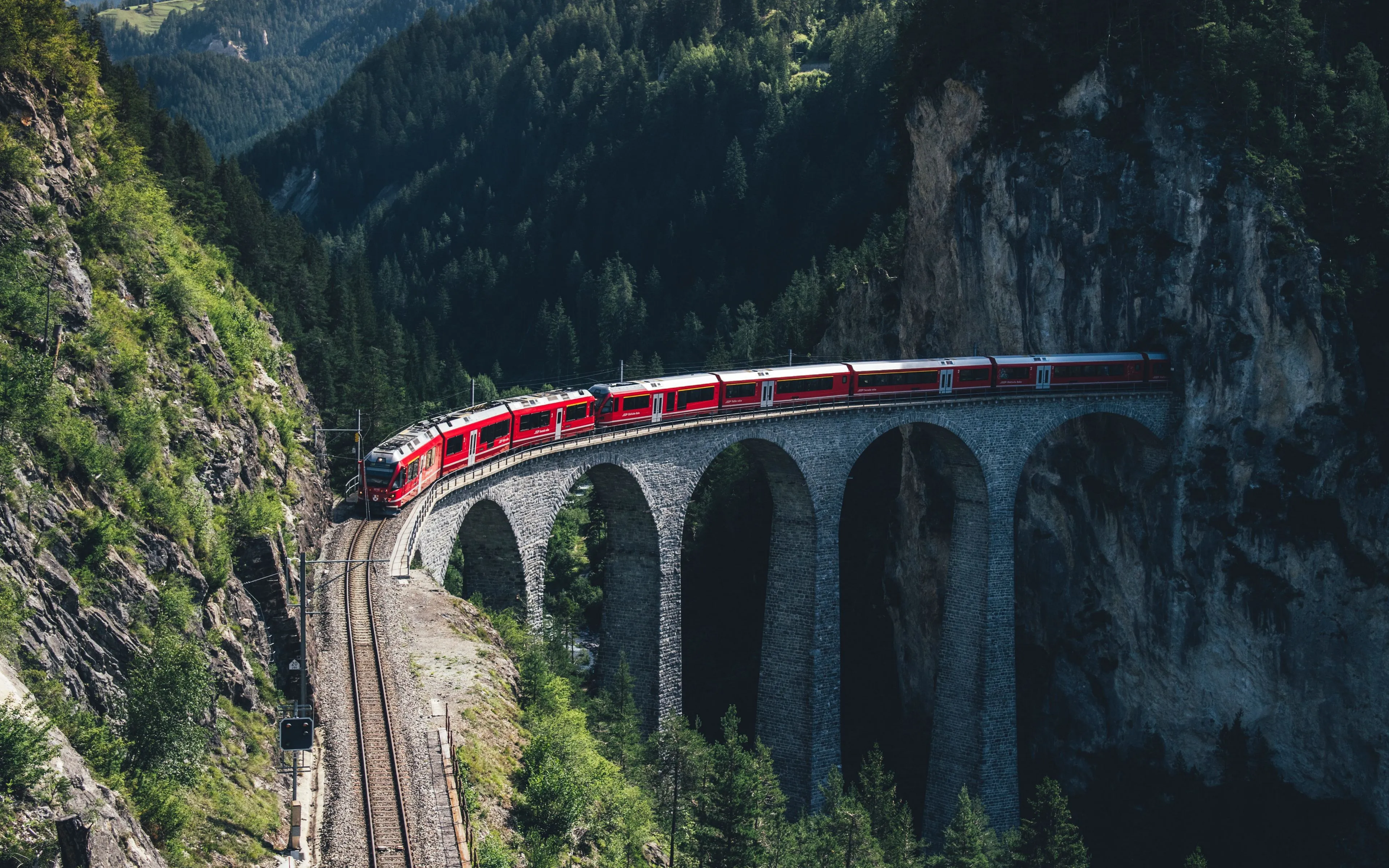 Download wallpaper 3840x2400 train, mountains, aerial view, bridge, railway 4k ultra HD 16:10 HD background
