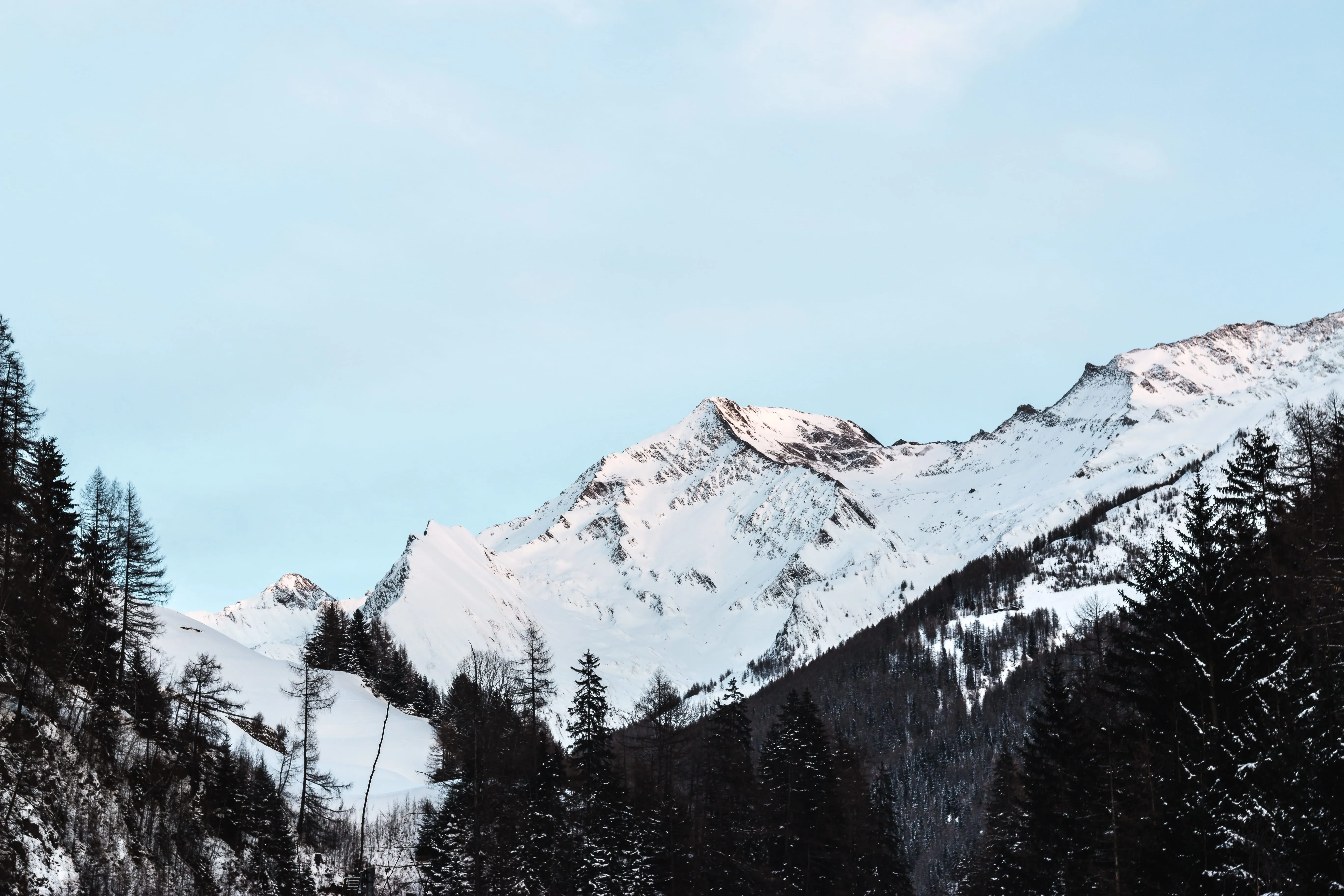 Royalty Free Photo: Snow Covered Mountain With Black Trees Under Blue Sky At Daytime
