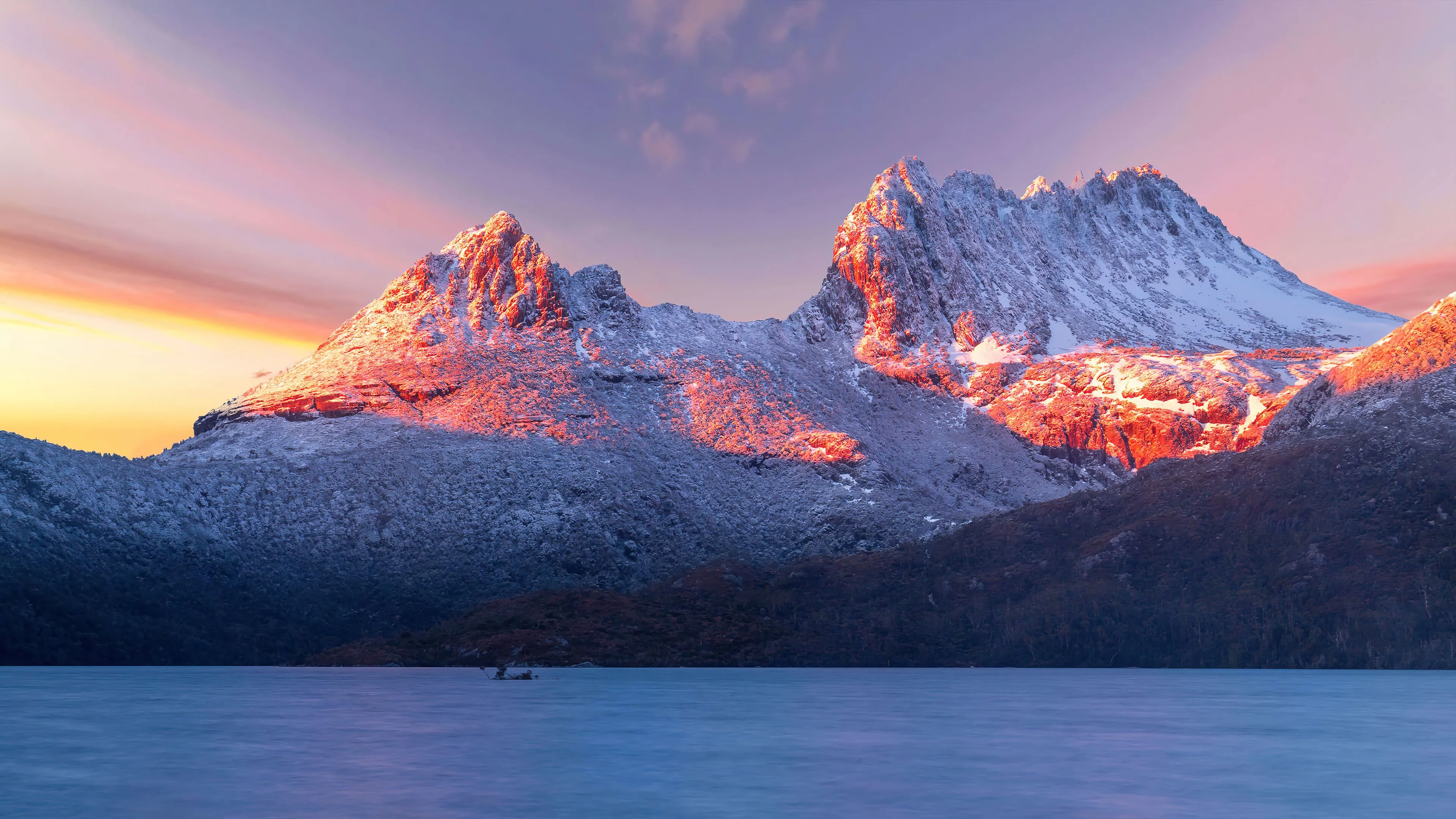 Sunset in snowy mountains Aesthetic Wallpaper 4K for Desktop