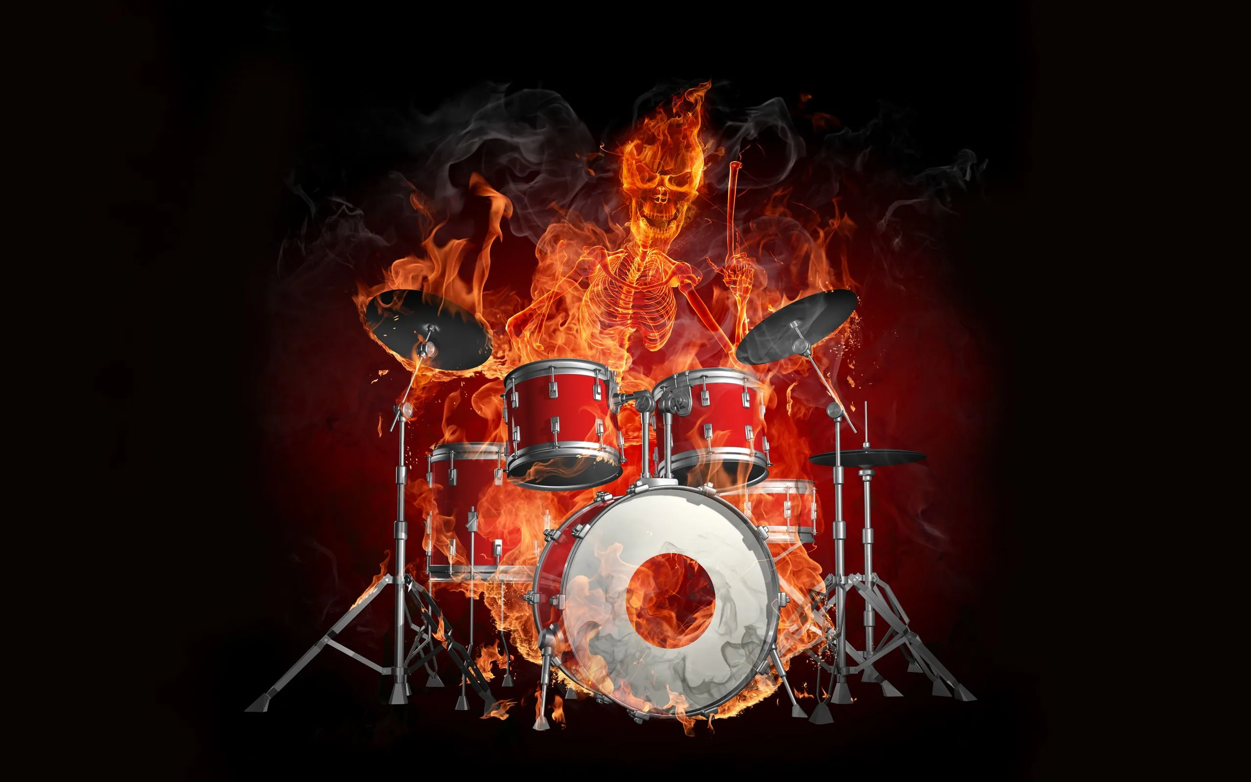 Desktop wallpaper: Drum Set, Music, Artistic, Flame, Skeleton 4K free download for PC. 171504