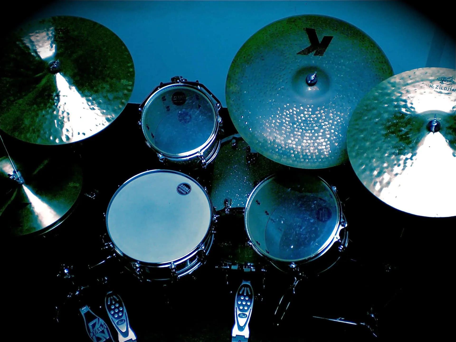 Download Blue Tinted Drum Set Top View Wallpaper