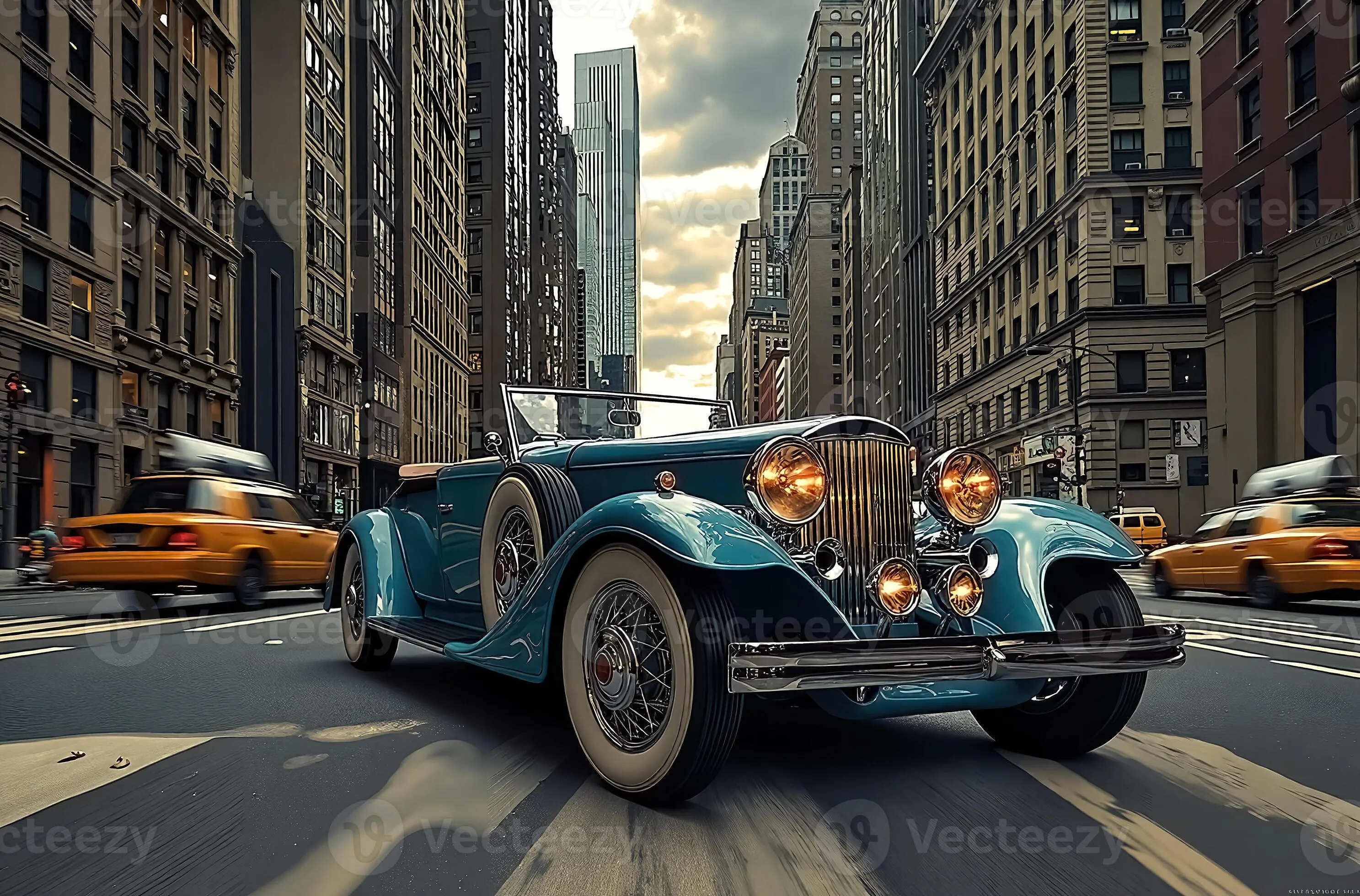 Classic Vintage Car Driving Through Urban City Streets on a Cloudy Day