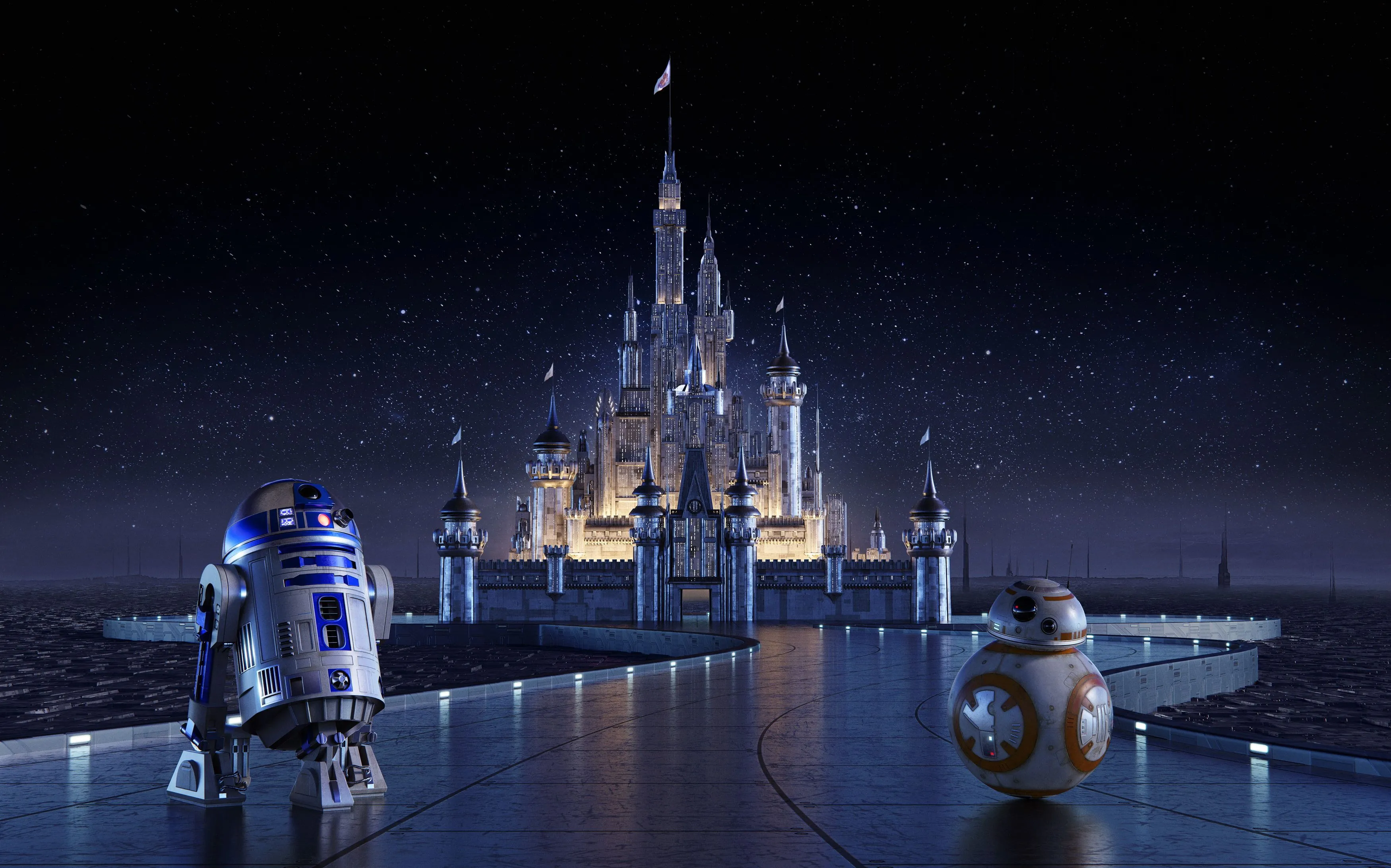 Free Download. HD Wallpaper: Disney Castle, R2 D2, BB 8, Star Wars, Cinderella Castle, 4K