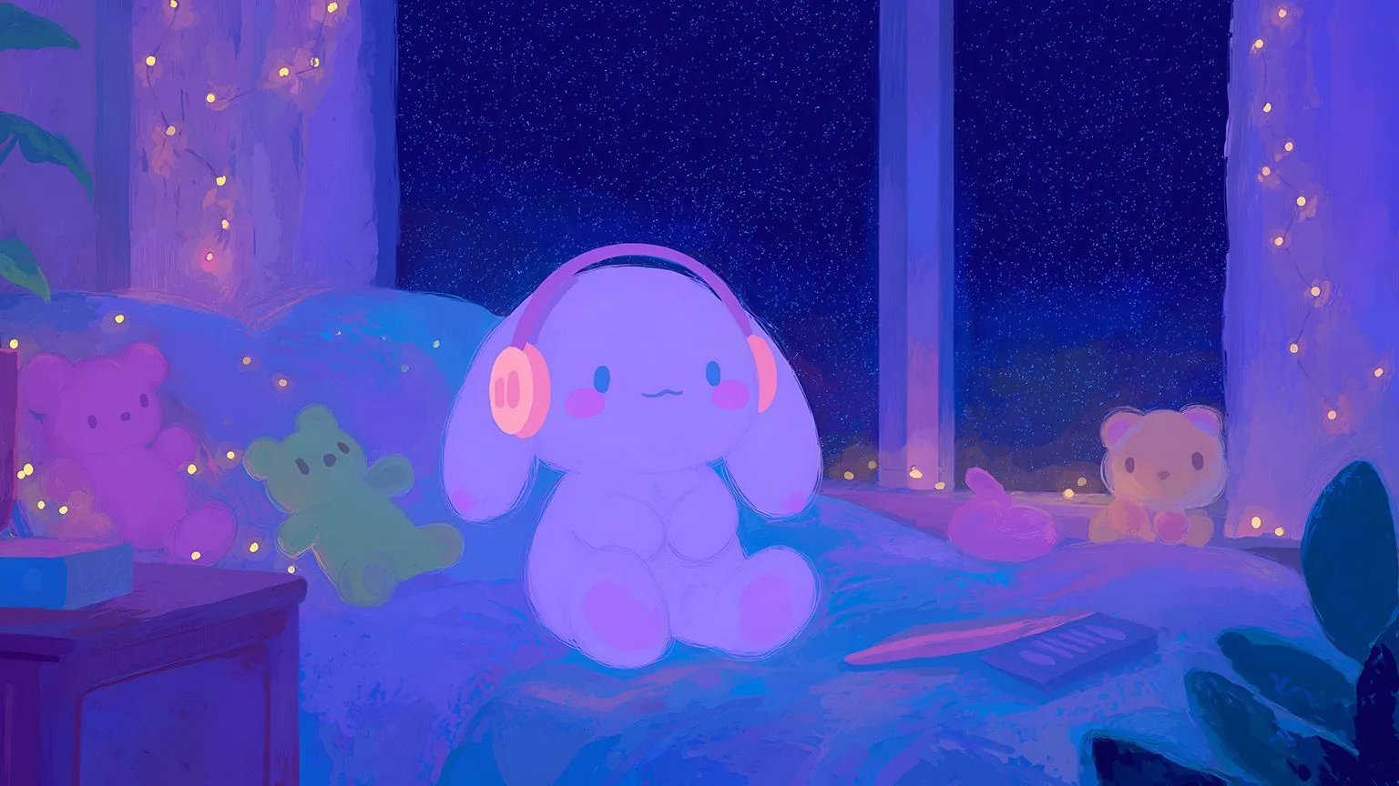 Cozy Cinnamoroll Neon Blue Purple Lighting Desktop Wallpaper