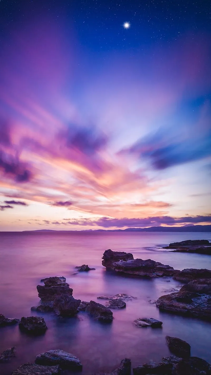 Sky of colours, landscape, beach, purple, sky, sunset, ocean, sea, blue, clouds, HD phone wallpaper