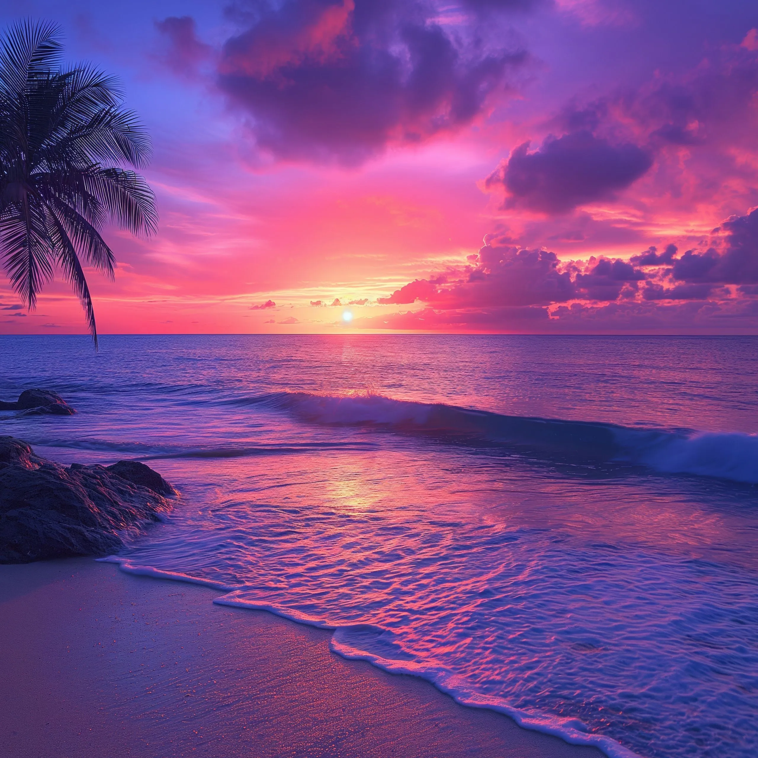 Tropical beach Wallpaper 4K, Aesthetic, Sunset, Purple sky