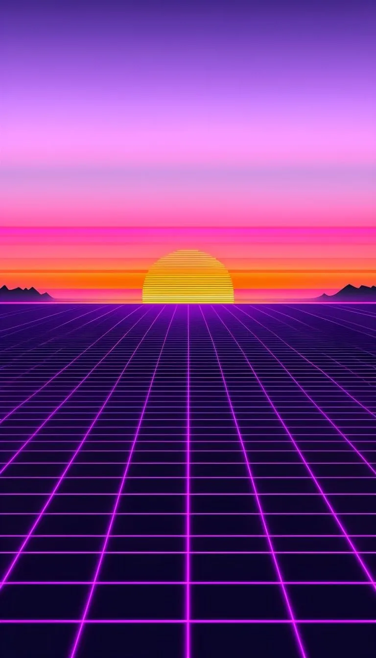 Neon Purple Synthwave Sunset with Grid Floor Mobile Wallpaper