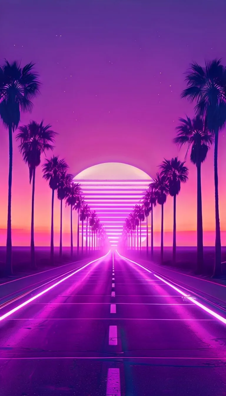 Retro 80s Purple Pink Neon Highway With Palm Trees Mobile Wallpaper