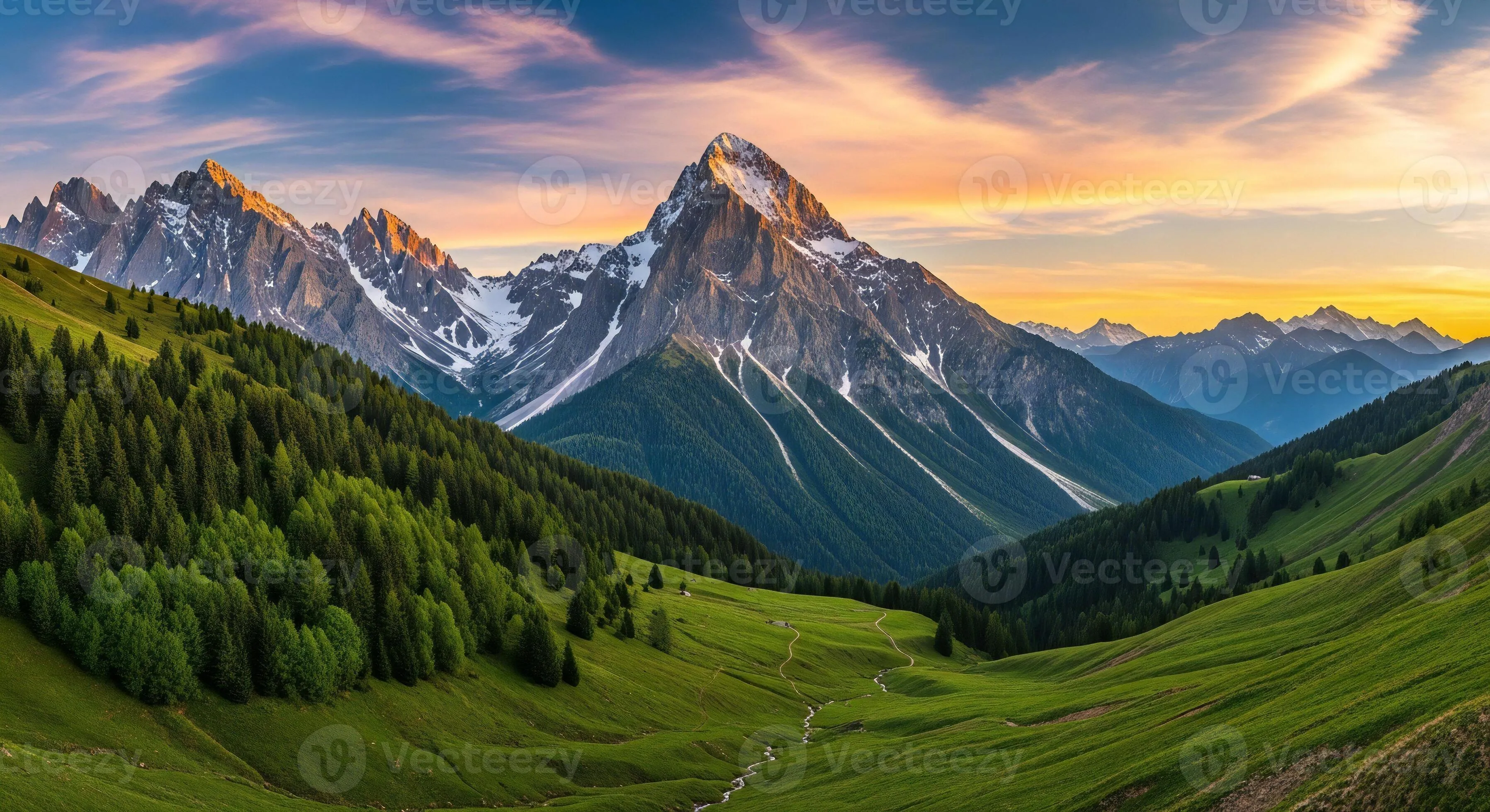 Nature background, Nature wallpaper, Majestic snow capped mountain peaks bathed in golden sunset light above green forested slopes and valleys