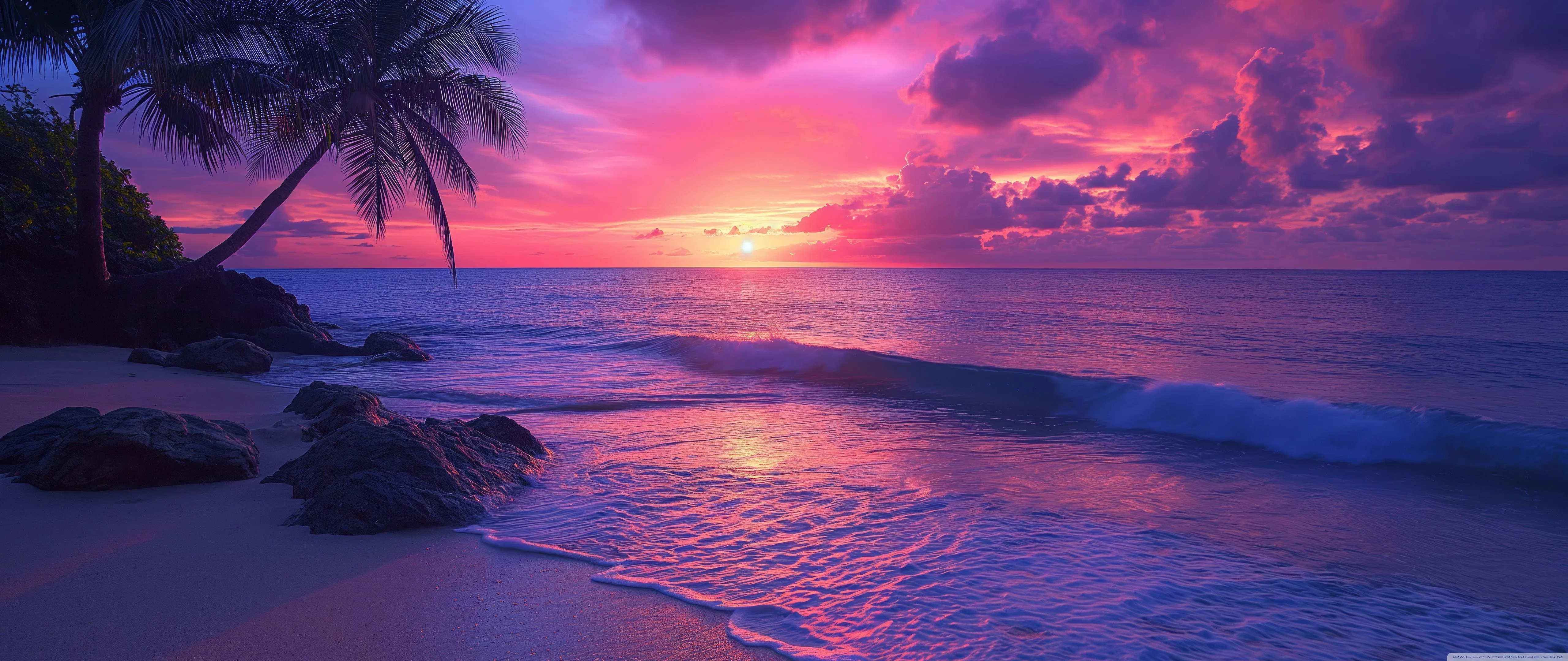 Purple Tropical Sunset Beach 4K UHD Wallpaper for UltraHD Desktop and TV, Widescreen and UltraWide Display, Dual Monitor, Smartphone and Tablet Devices