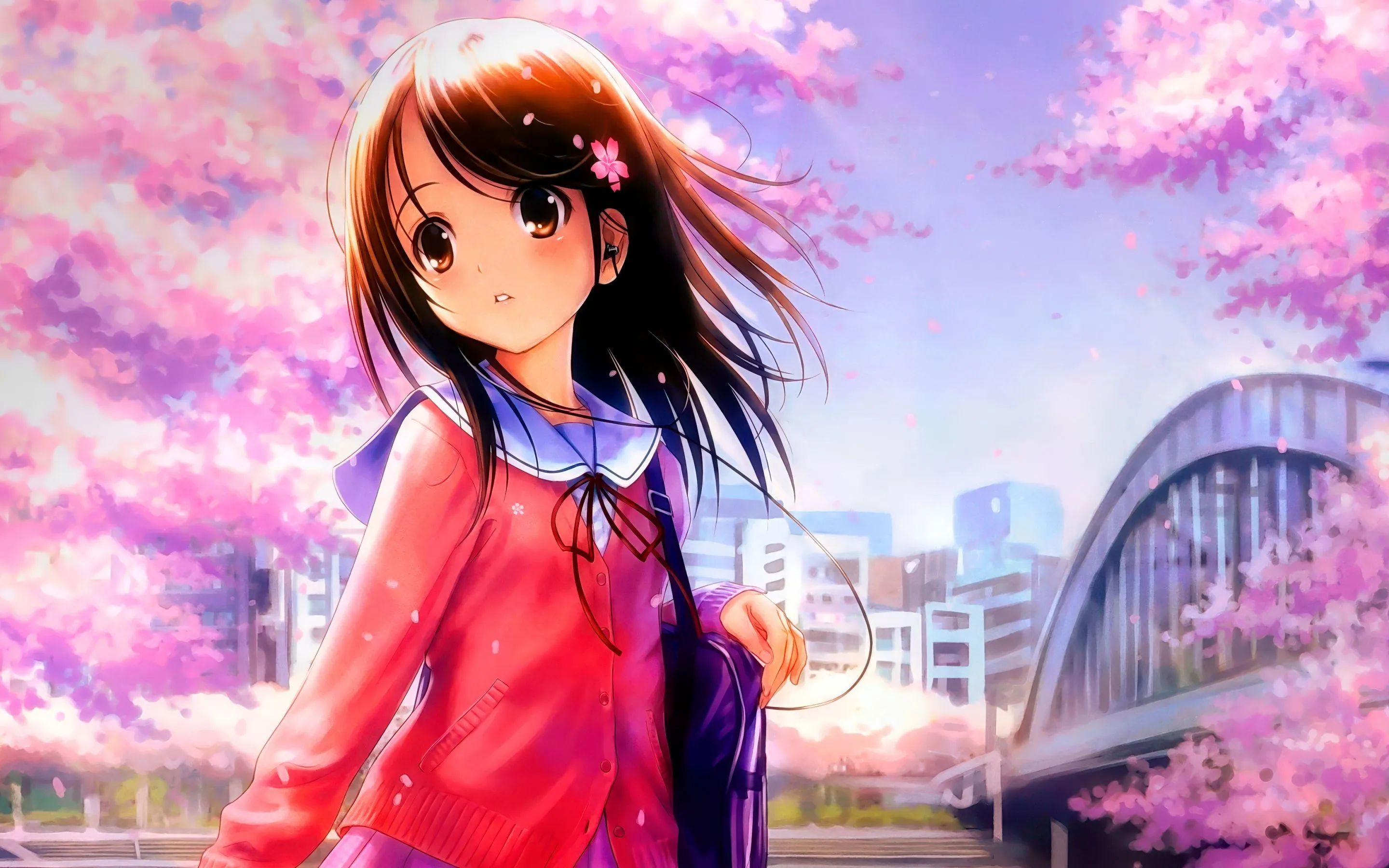 Pretty Wallpaper 4K, Anime girl, Cherry blossom