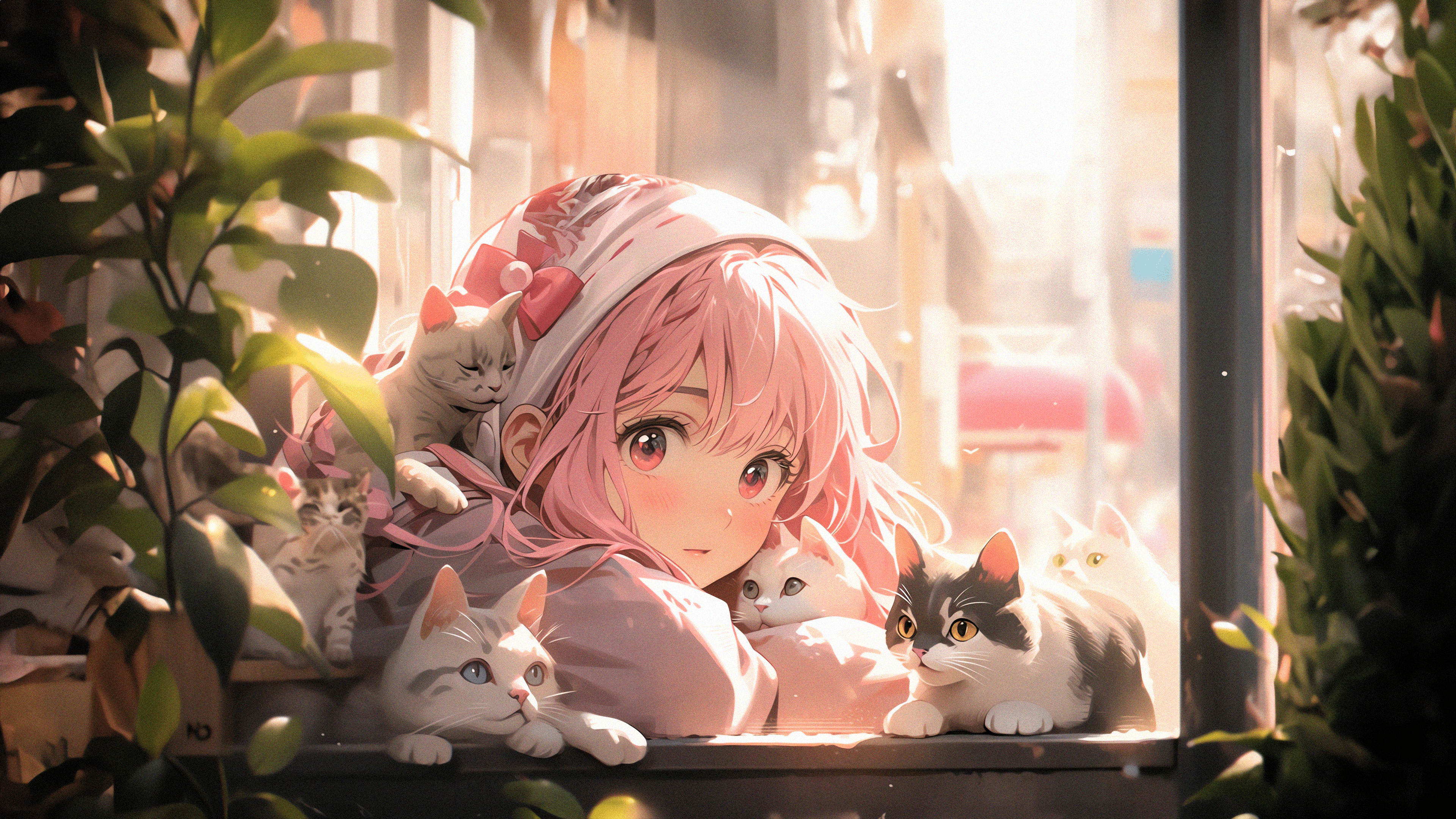 PC Wallpaper 4K Anime Girl with Adorable Cats!