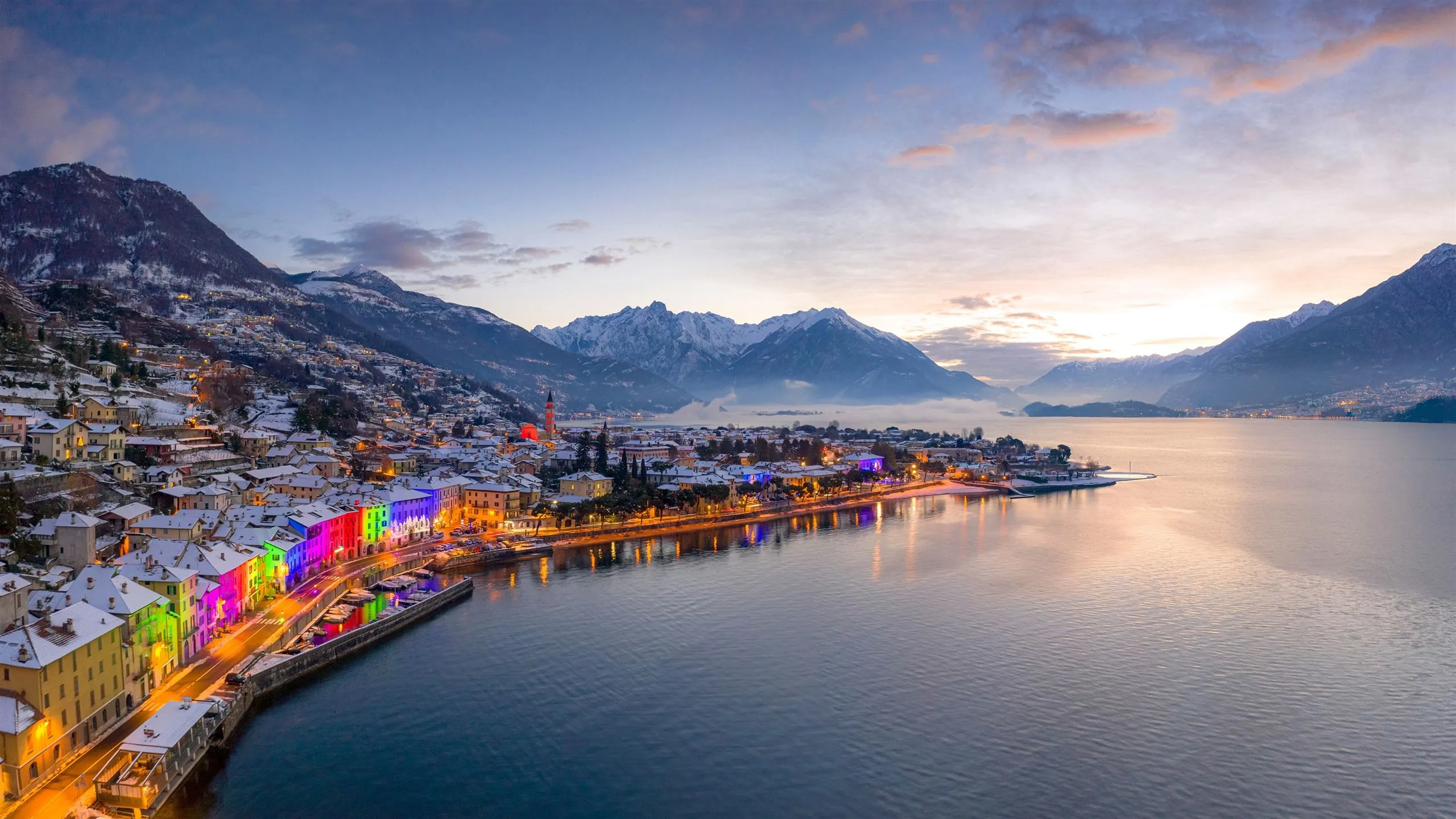 Christmas lights Buildings of Domaso Lake Como Italy Bing 4K