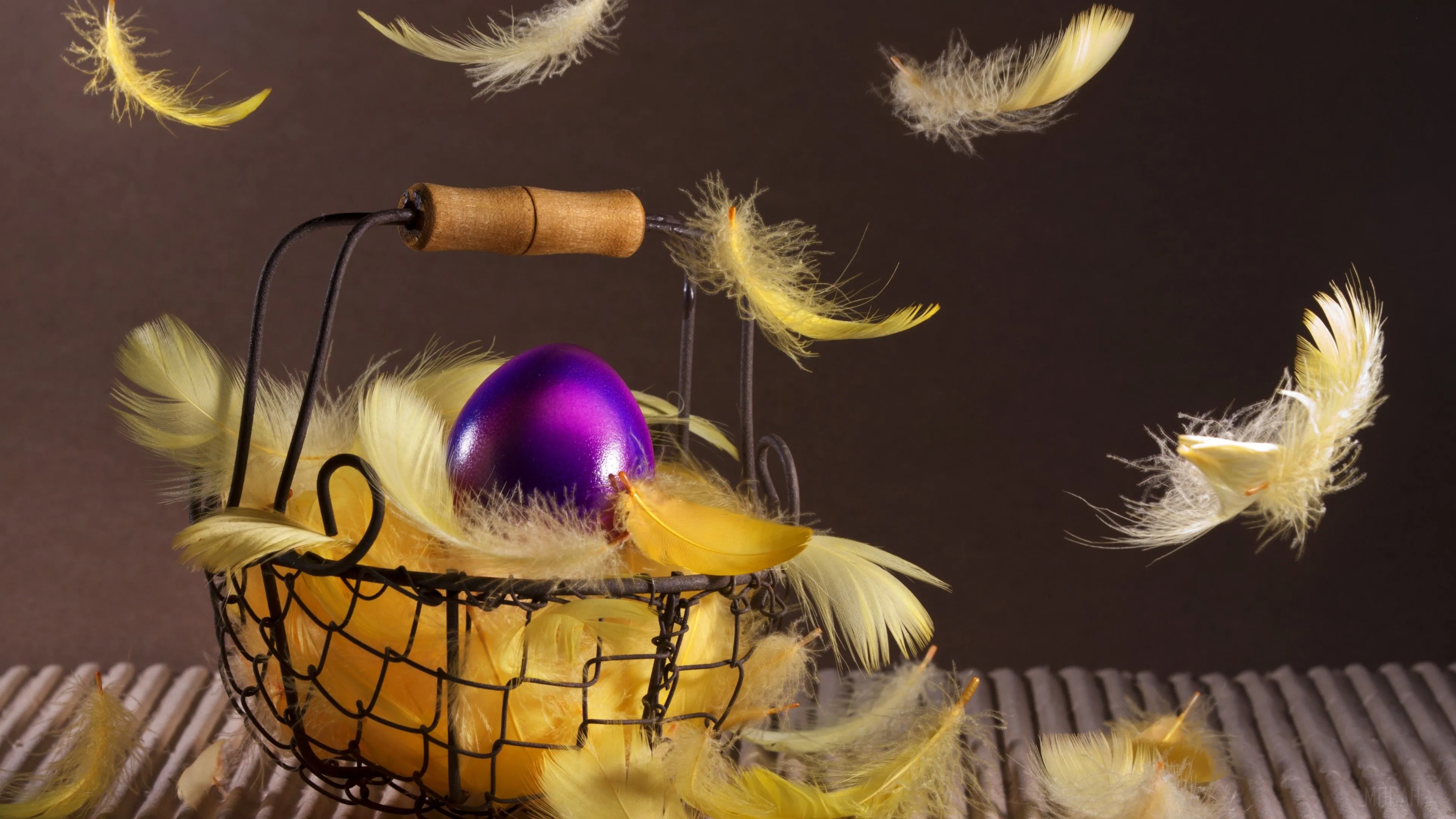 Purple Easter Egg In A Basket With Yellow Feathers 4K HD Wallpaper