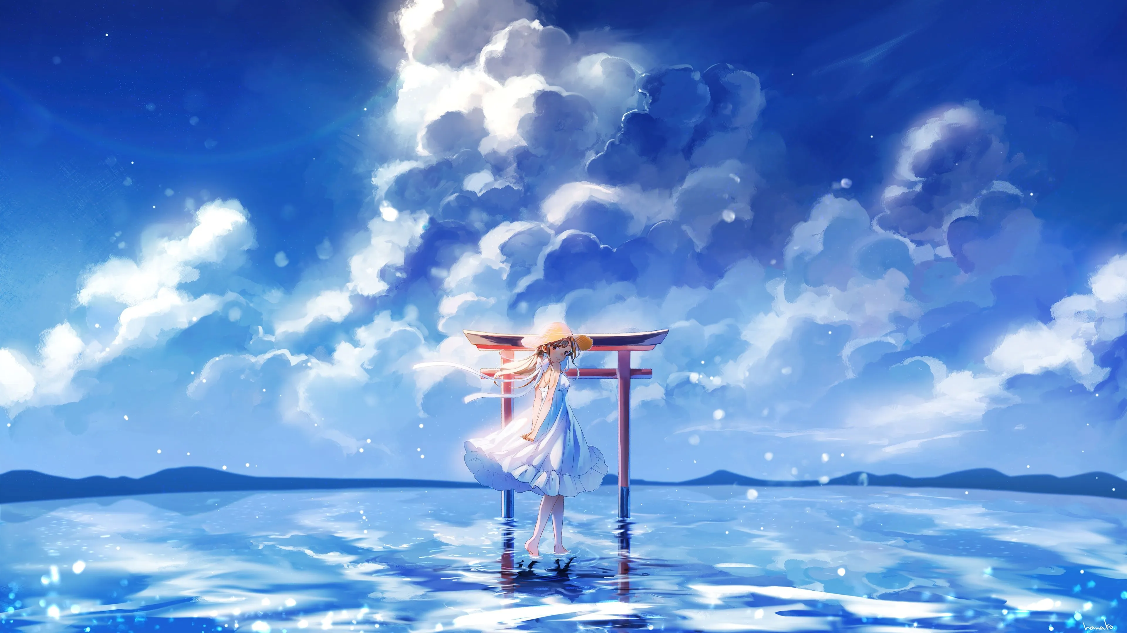 Anime Girl In White Dress By Torii Gate In Ocean 4K HD Wallpaper