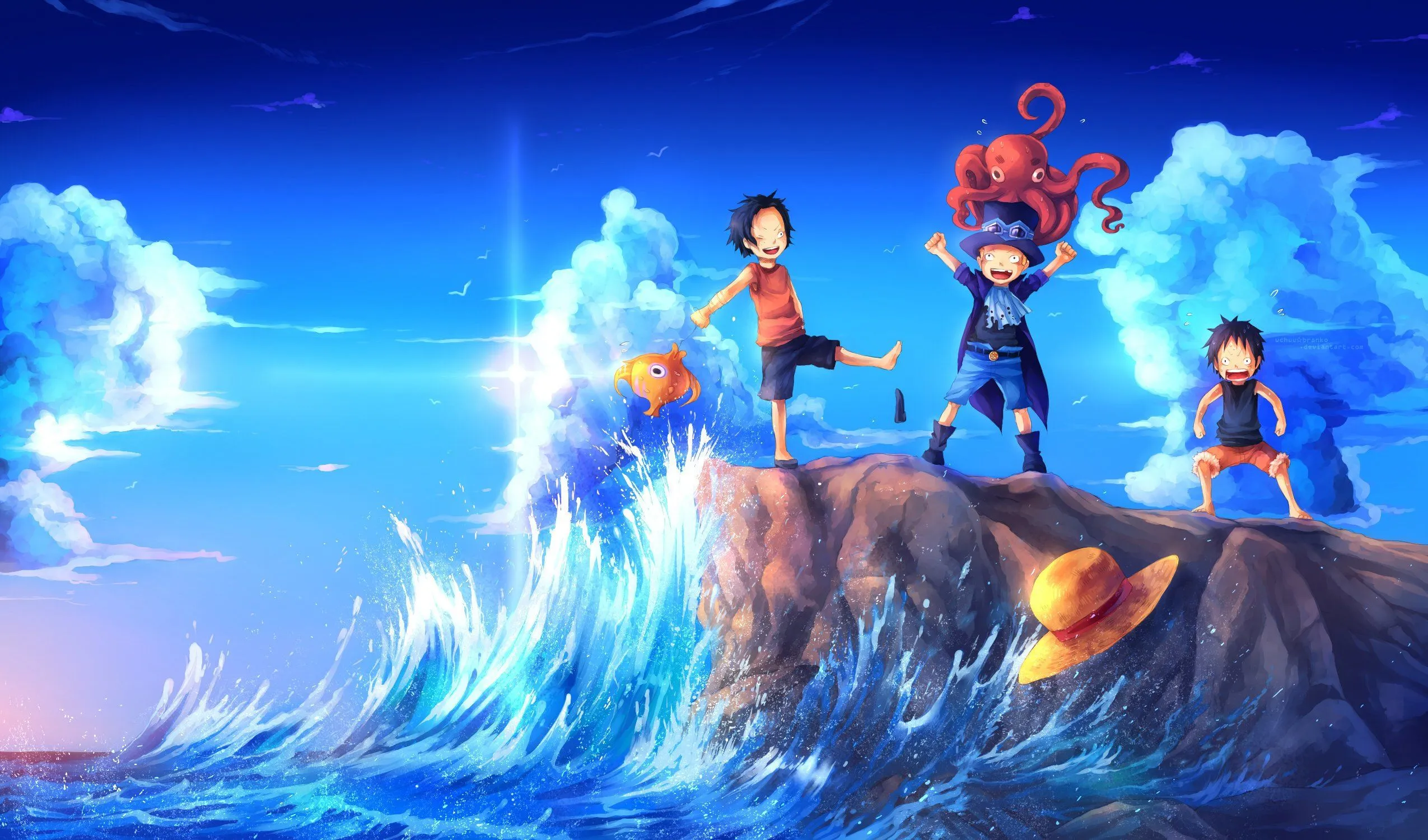 anime, Series, One, Piece, Fun, Sea, Art, Shore, Waves, Octopus, Hat, Small, Fish Wallpaper HD / Desktop and Mobile Background