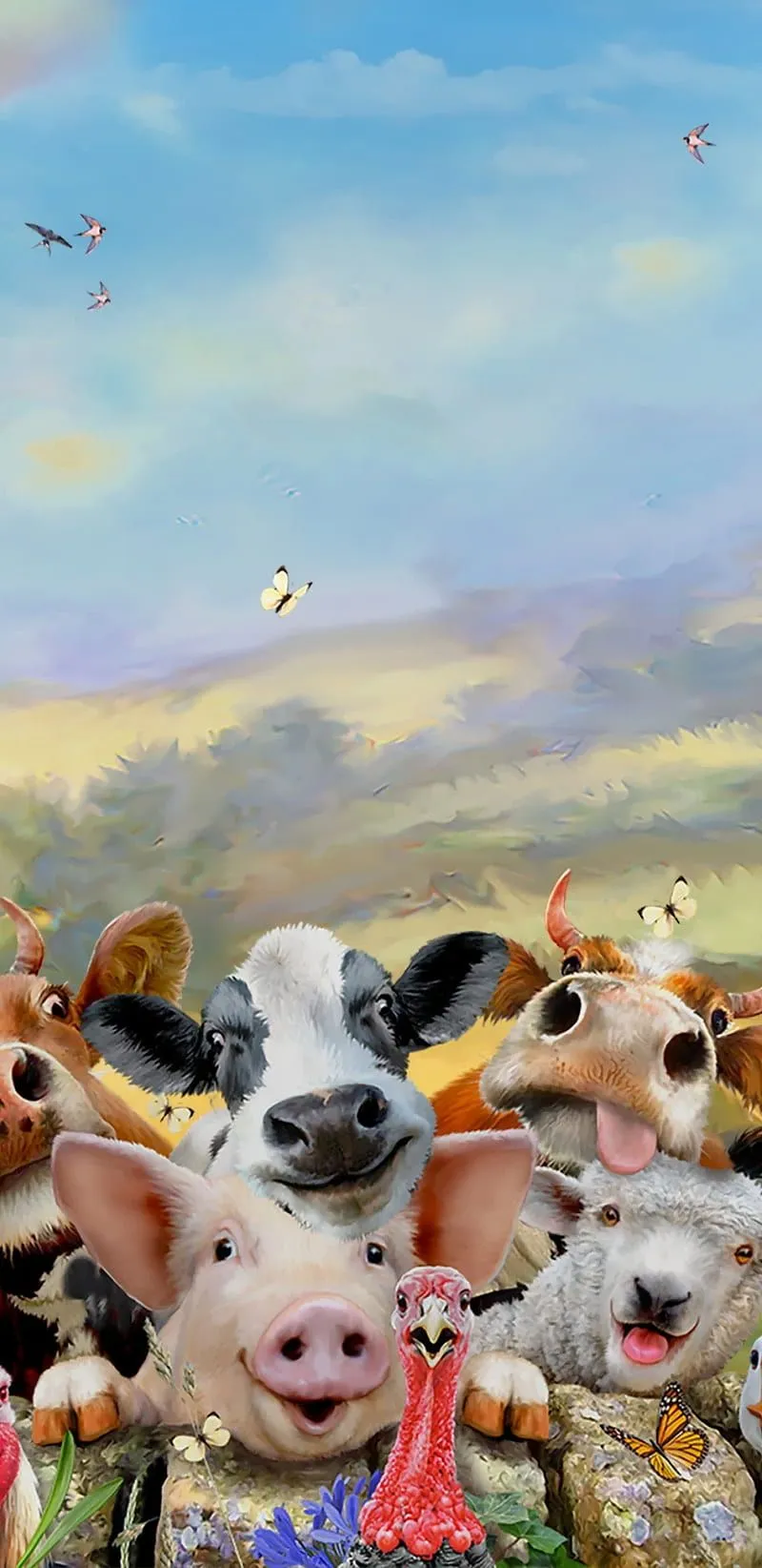 Funny Farm Selfie, animal, animals, butterfly, cow, pig, sheep, turkey, HD phone wallpaper