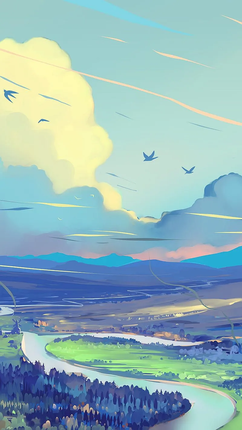 Artistic nature Landscape, sky, mountains, road, art, river, HD phone wallpaper