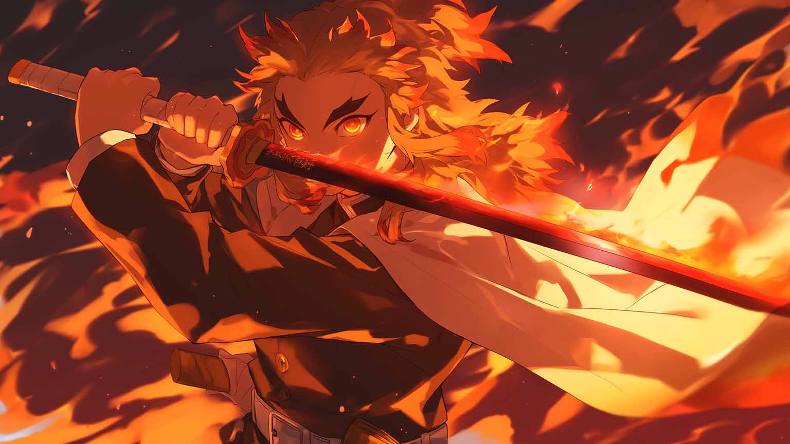 Free Demon Slayer Rengoku Flame Blade Desktop Wallpaper