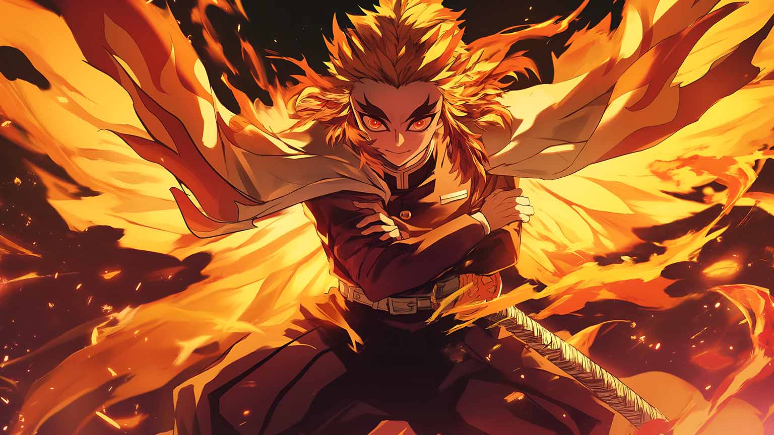 Demon Slayer Kyojuro Rengoku Flame Pillar Desktop Wallpaper