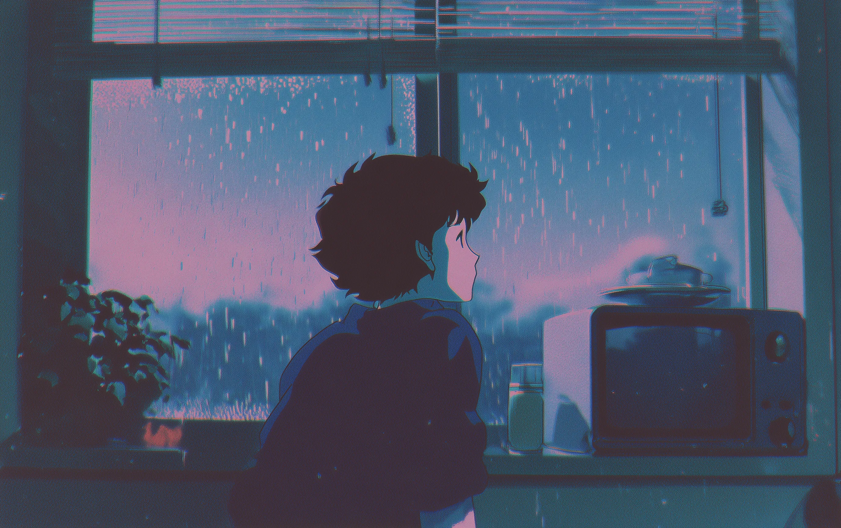 Chill Lofi Retro Anime Boy HD Wallpaper in Rainy Aesthetic Vibes