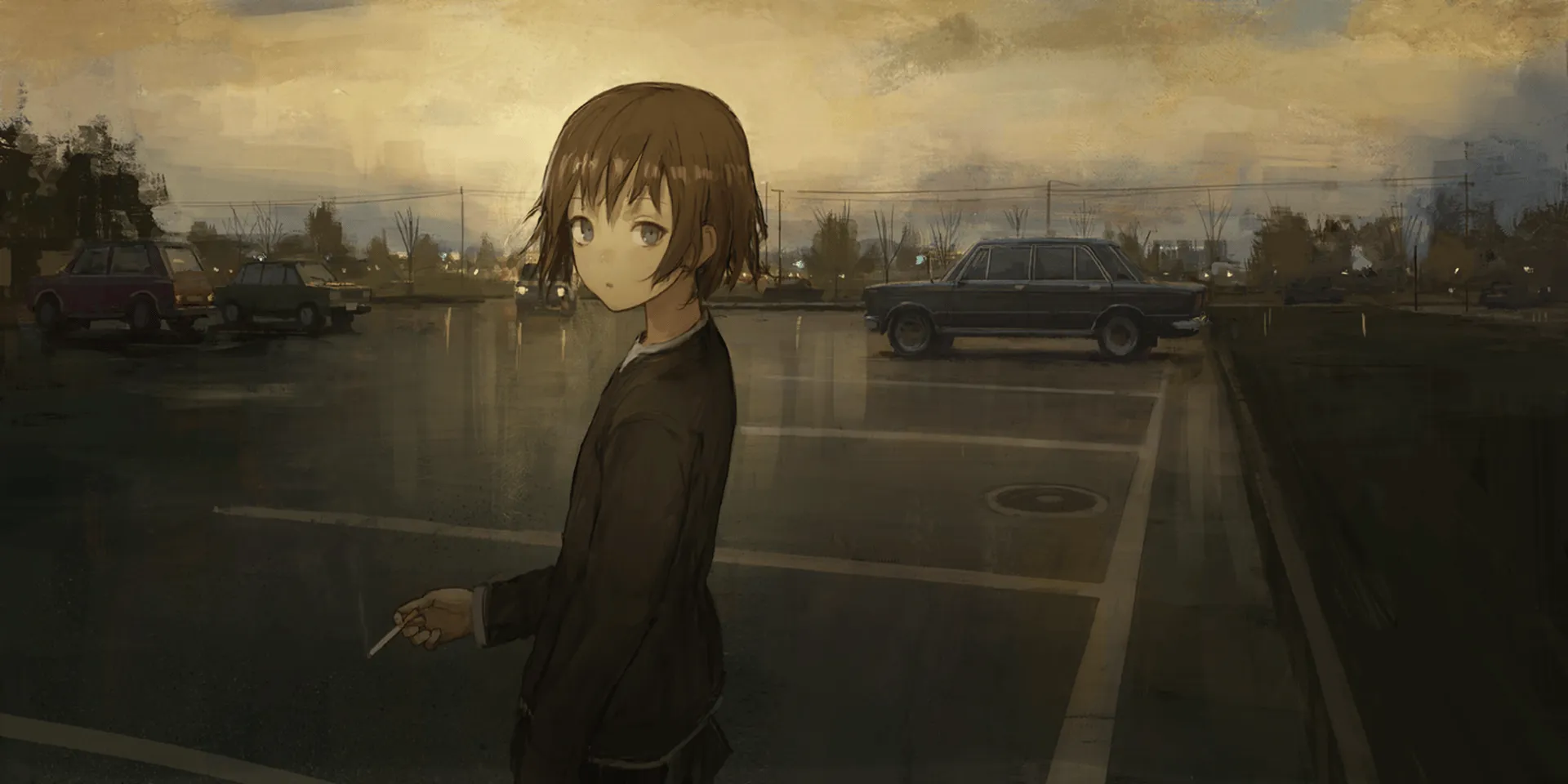 Chill Vibes: Anime HD Wallpaper with a Smoky Night Scene by しおんx975