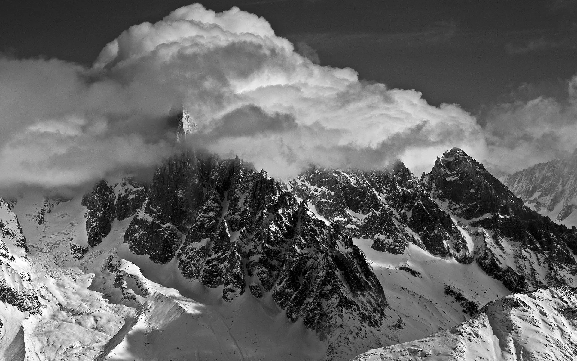 peaks, Nature, Landscapes, Mountains, Snow, Winter, Sky, Clouds, Bw, Black, White, Monochrome Wallpaper HD / Desktop and Mobile Background