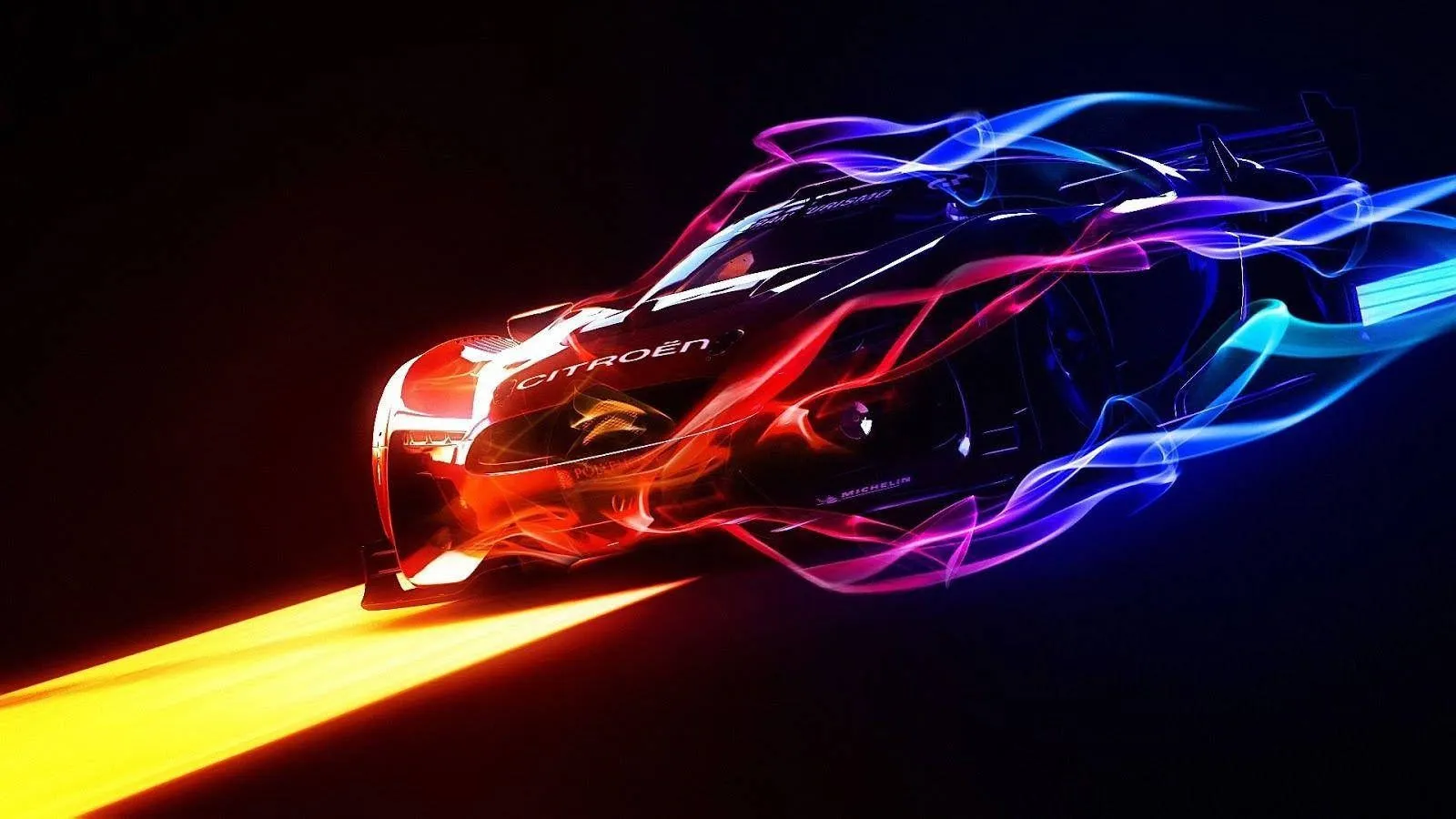 Download Futuristic Neon Fire Car on a Dynamic Desktop Wallpaper
