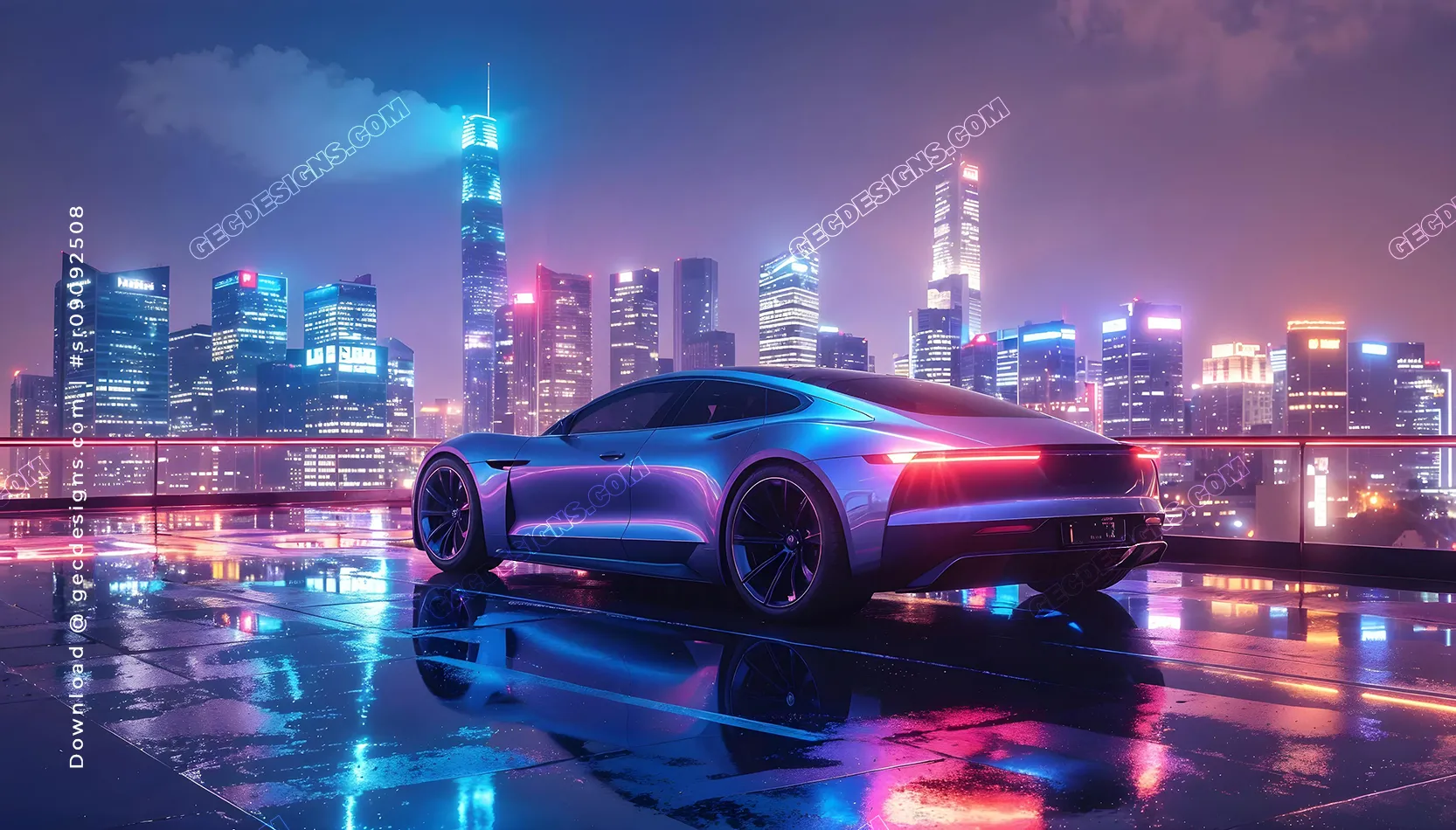 Futuristic Car Desktop Wallpaper with Neon City Lights