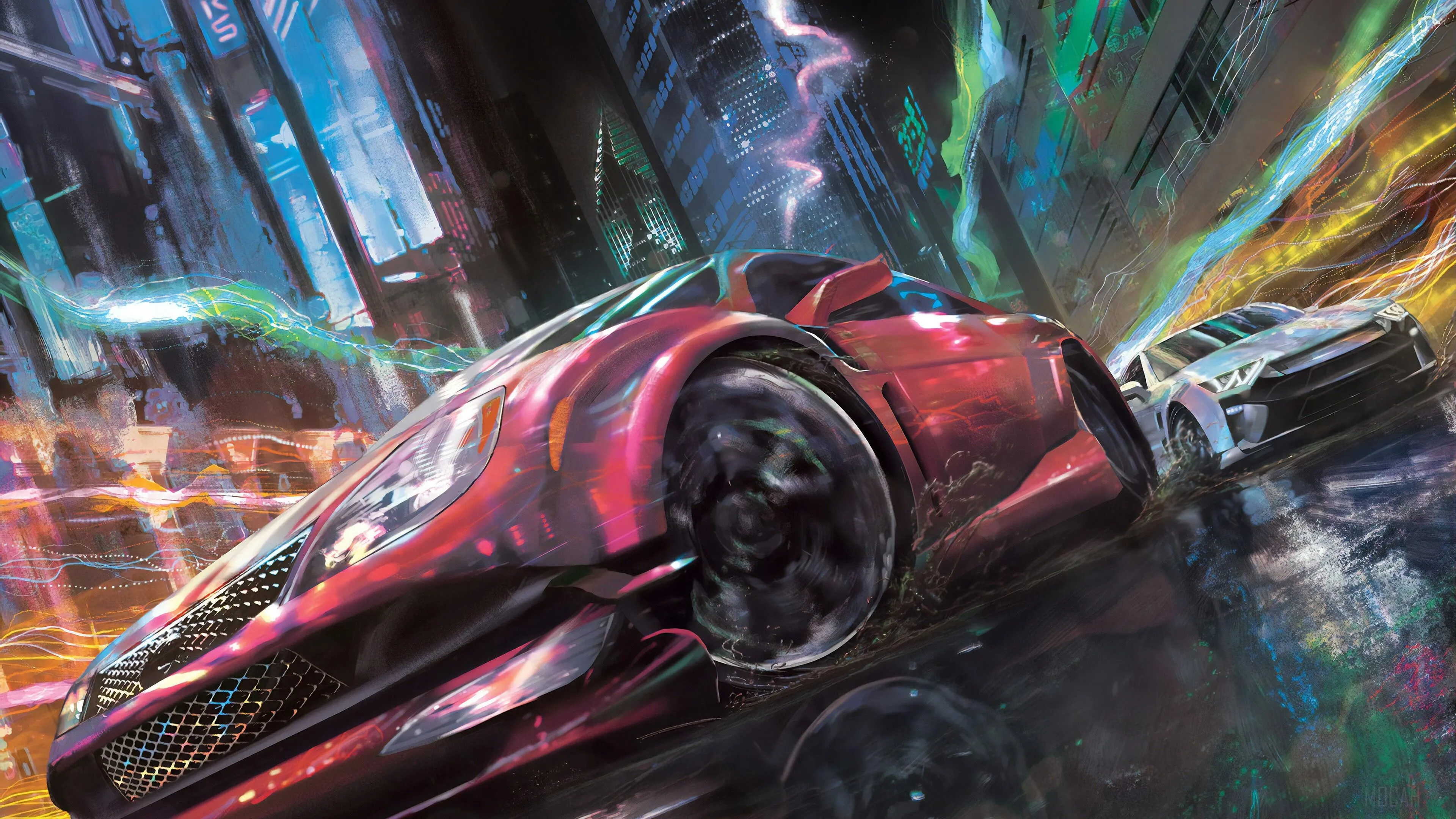 Street Racing Sports Cars In A Neon City 4K, HD Wallpaper