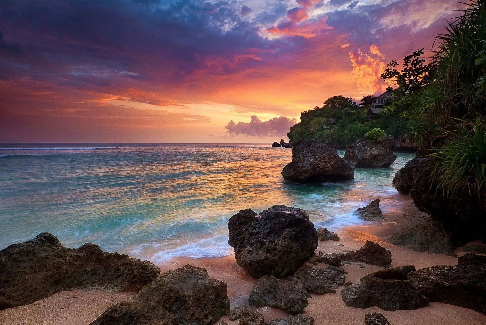 Bali, Sunrise, Indonesia, Nature, Clouds, Sea, Rock, Landscape, Shrubs, Sand Wallpaper HD / Desktop and Mobile Background