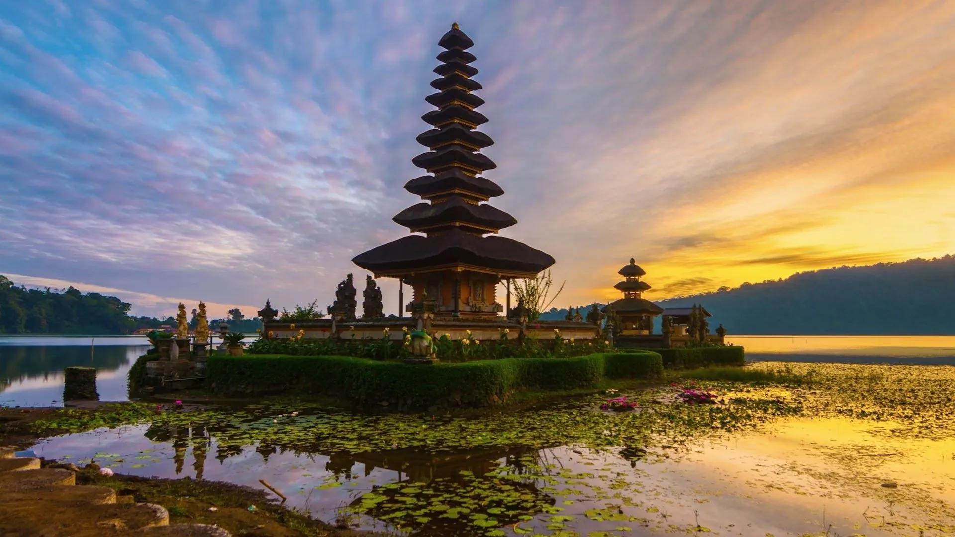 nature, Landscape, Architecture, Building, Asian Architecture, Temple, Bali, Indonesia, Island, Water, Lake, Plants, Sunset, Trees, Forest, Clouds, Reflection Wallpaper HD / Desktop and Mobile Background