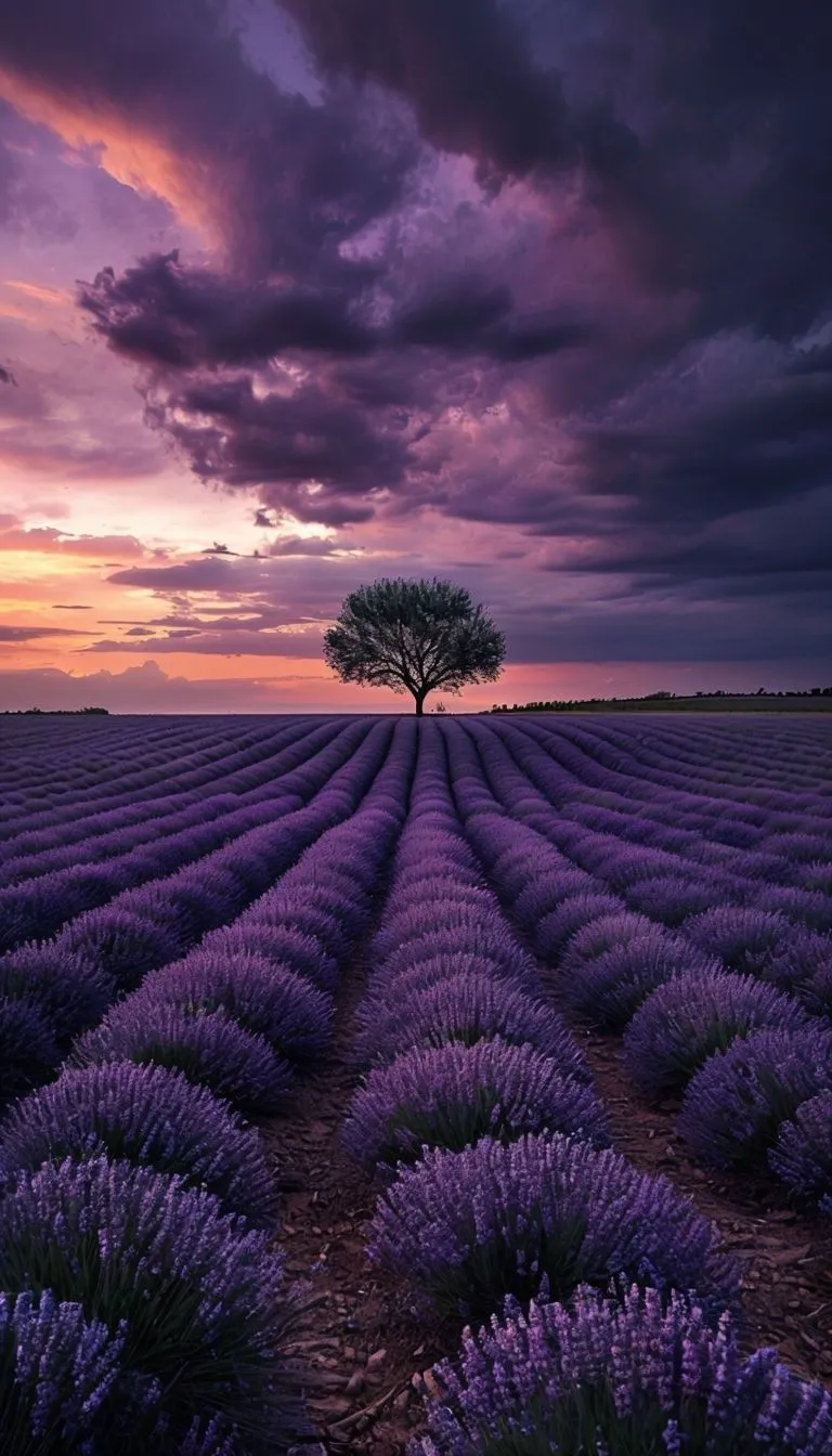 Free And Customizeable Sinuous Road Winding Through A Purple Hued Lavender Field At Dusk