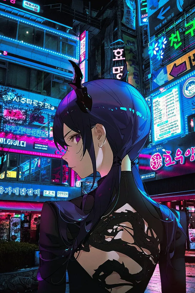Anime, cyberpunk, night, city, neon glow, 2D, anime girls, dragon girl, horns, HD phone wallpaper