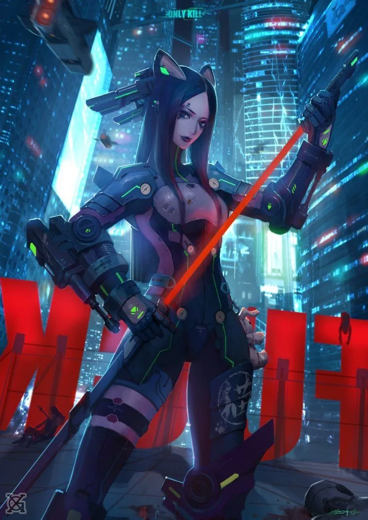 anime girls, Cyberpunk, Sword Wallpaper HD / Desktop and Mobile Background