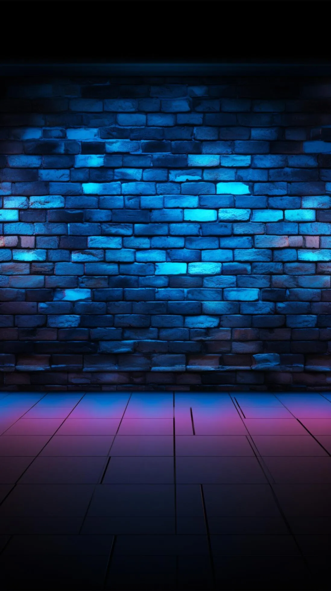 Futuristic ambiance Dark blue brick wall illuminated by neon lights Vertical Mobile Wallpaper