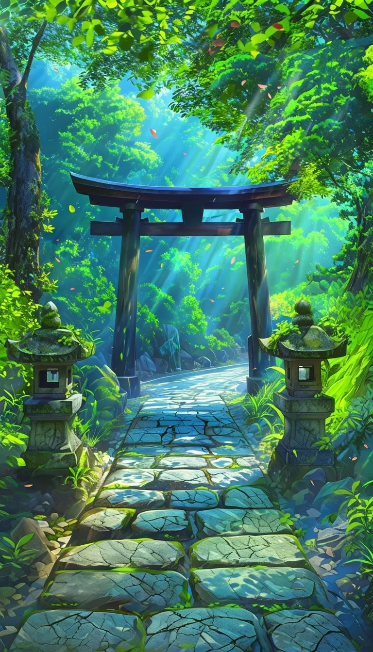 Serene Sunlit Path to Traditional Japanese Torii Gate Mobile Wallpaper