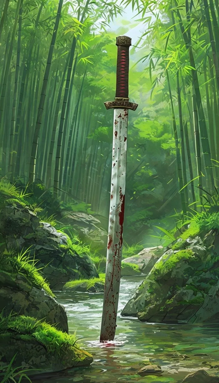 Serene Bamboo Forest with Katana in Stream Digital Art Mobile Wallpaper